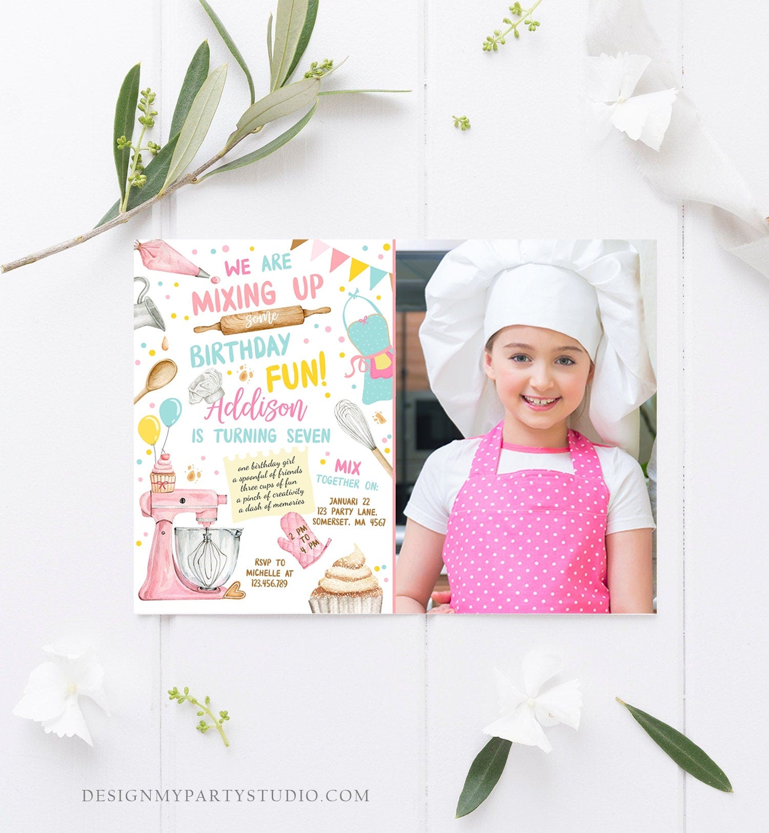 Editable Baking Birthday Party Invitation Kids Cooking Birthday Girl Chef Party Kitchen Cupcakes Pink Digital Template Printable 0364