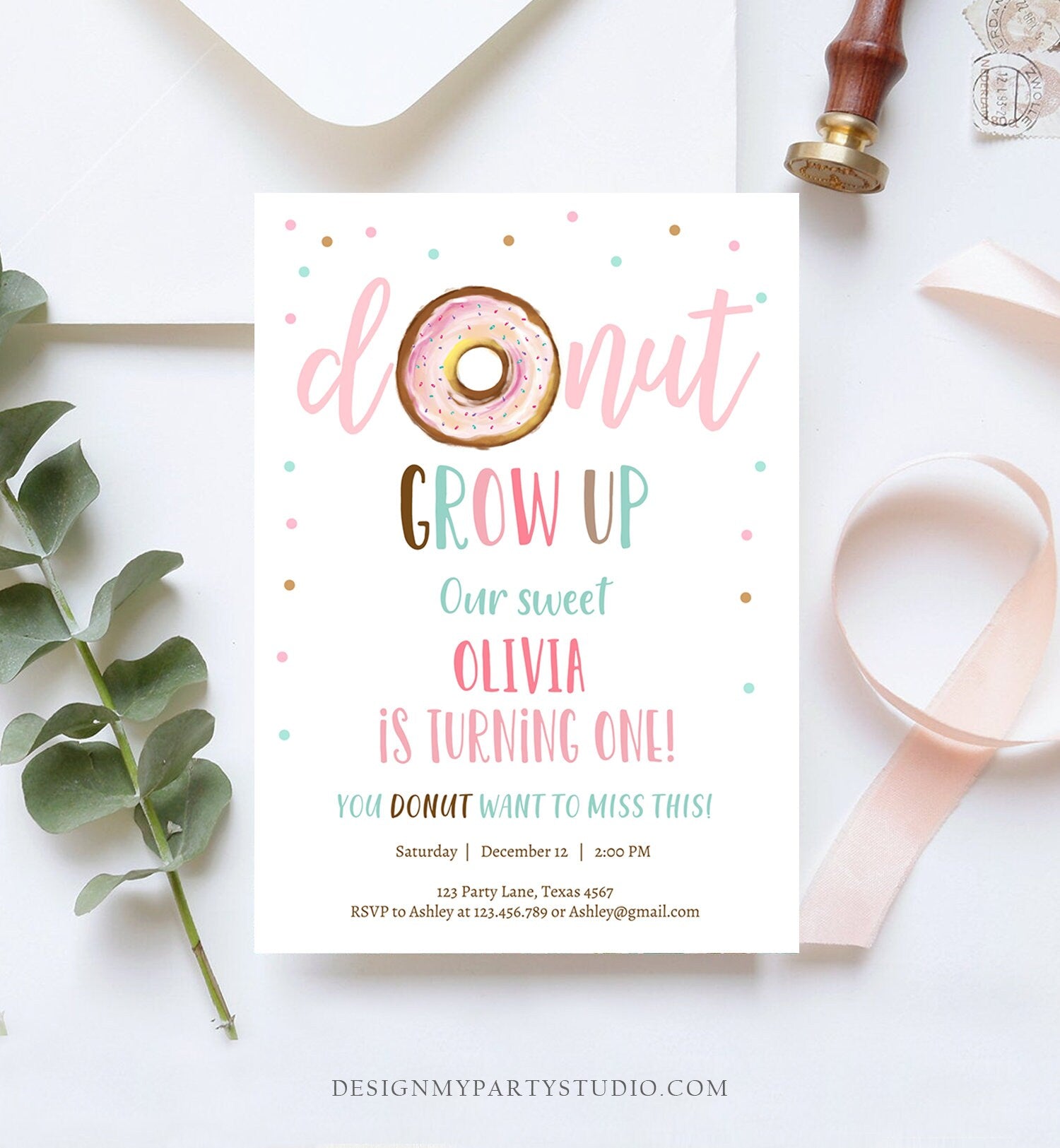 Editable Donut Grow Up Birthday Invitation First Birthday Party Pink Girl Doughnut Sweet Digital Download Evite Template Printable 0368