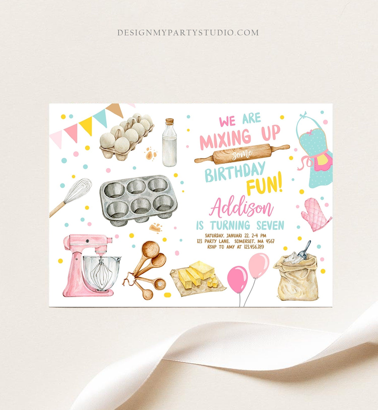 Editable Baking Birthday Party Invitation Kids Cooking Birthday Girl Chef Party Kitchen Pink Digital Download Template Printable 0364