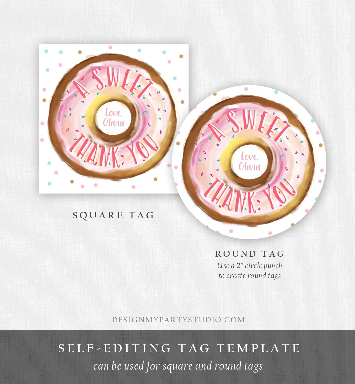 Editable Donut Favor Tags Donut Birthday A Sweet Thank You Donut Tag Stickers Girl Pink Donut Two Sweet Stickers Round Template Digital 0368