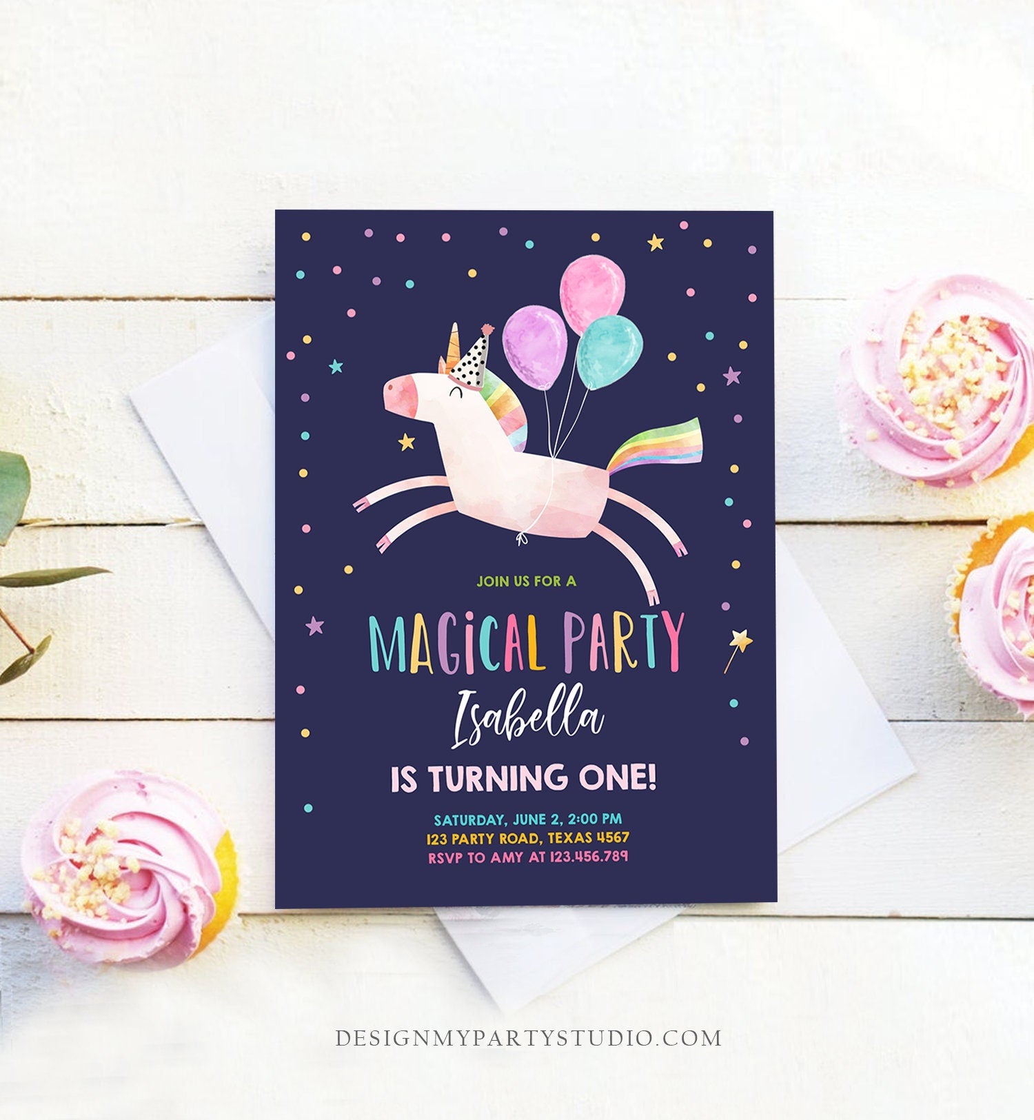 Editable Unicorn Birthday Invitation Magical Party Celebration Girl Pink Rainbow Balloons Digital Download Evite Template Printable 0336