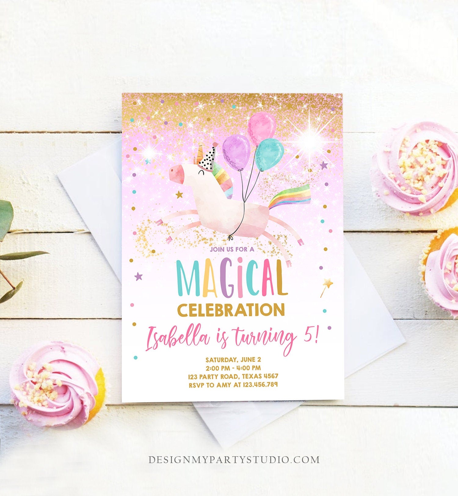 Editable Unicorn Birthday Invitation Magical Party Invite Girl Pink Gold Birthday Digital Invite Template Rainbow Download Evite 0336