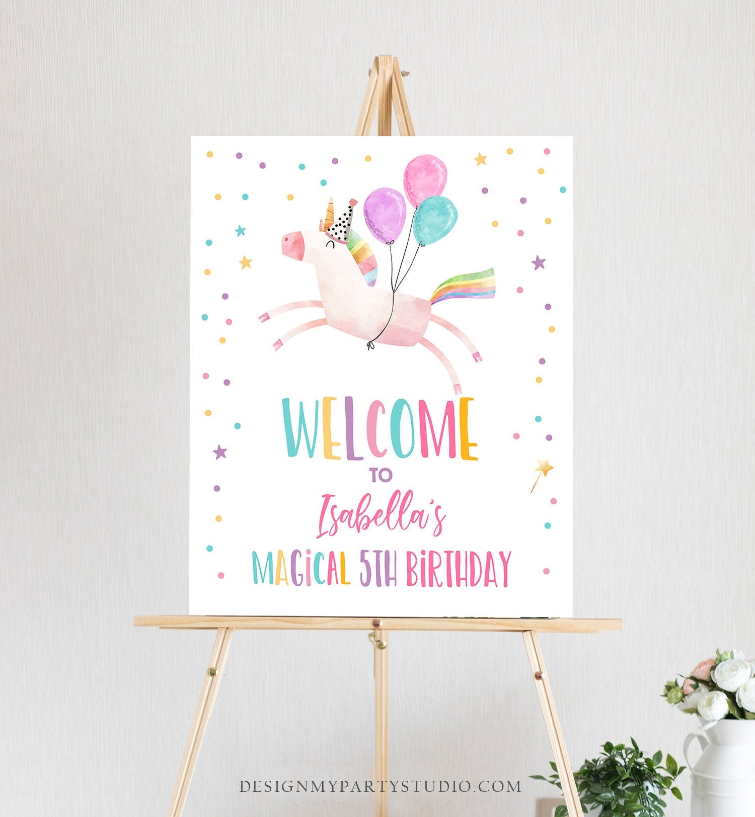 Editable Unicorn Welcome Sign Unicorn Birthday Door Sign Rainbow Girl Magical Party Sign Poster Pink First Template PRINTABLE Digital 0336