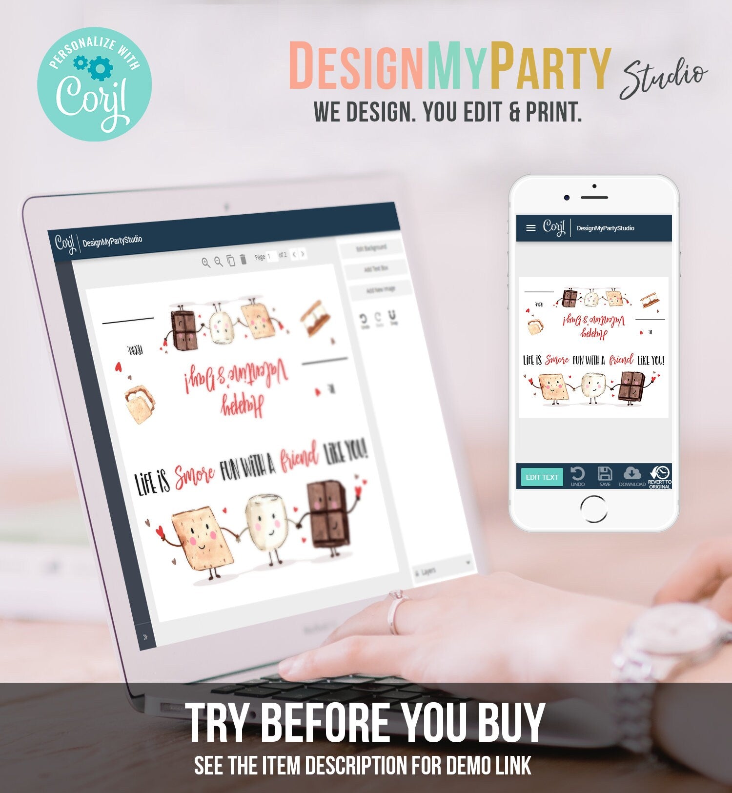 Editable Valentine Treat Bag Toppers Smores Valentine Cards For Kids Valentines Smore Treat Tags Download Printable Corjl Template 0370