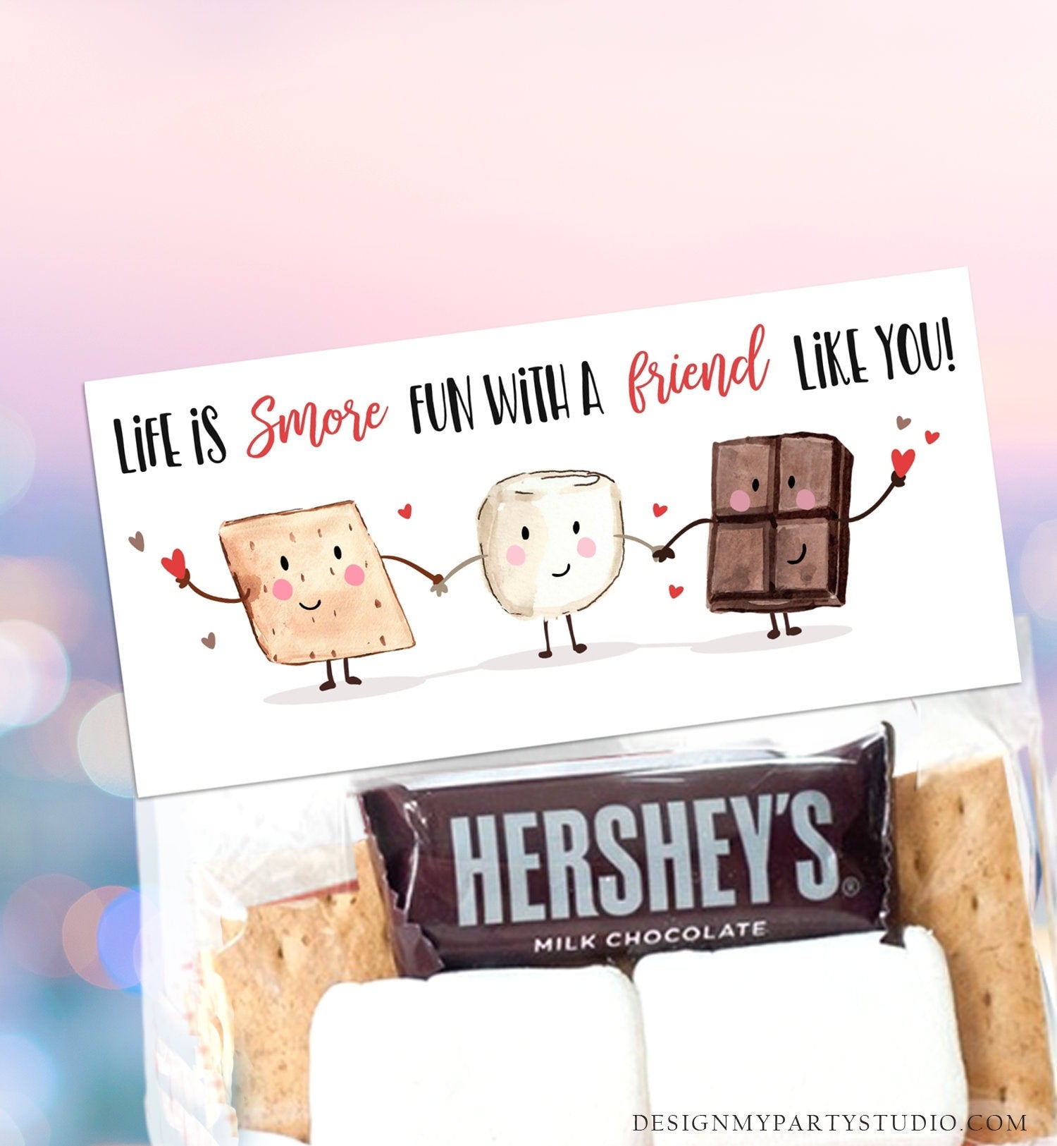 Editable Valentine Treat Bag Toppers Smores Valentine Cards For Kids Valentines Smore Treat Tags Download Printable Corjl Template 0370