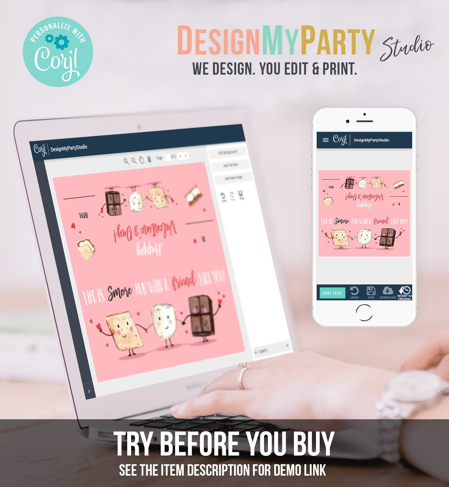 Editable Valentine Treat Bag Toppers Smores Valentine Cards For Kids Valentines Smore Treat Tags Download Printable Corjl Template 0370