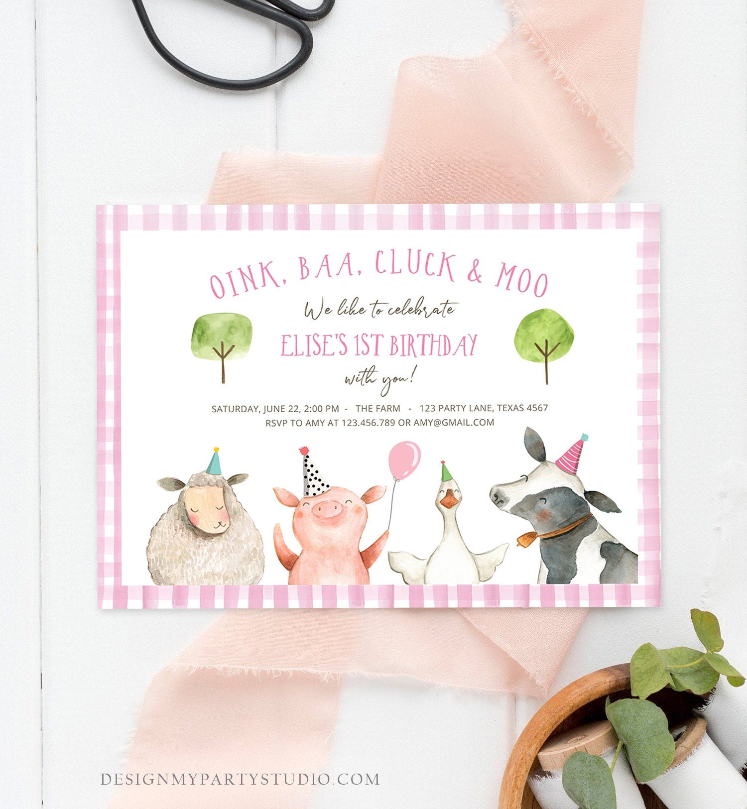 Editable Farm Birthday Invitation Girl Farm Animals Pink Floral Barnyard Party Download Printable Invitation Template Digital Corjl 0155
