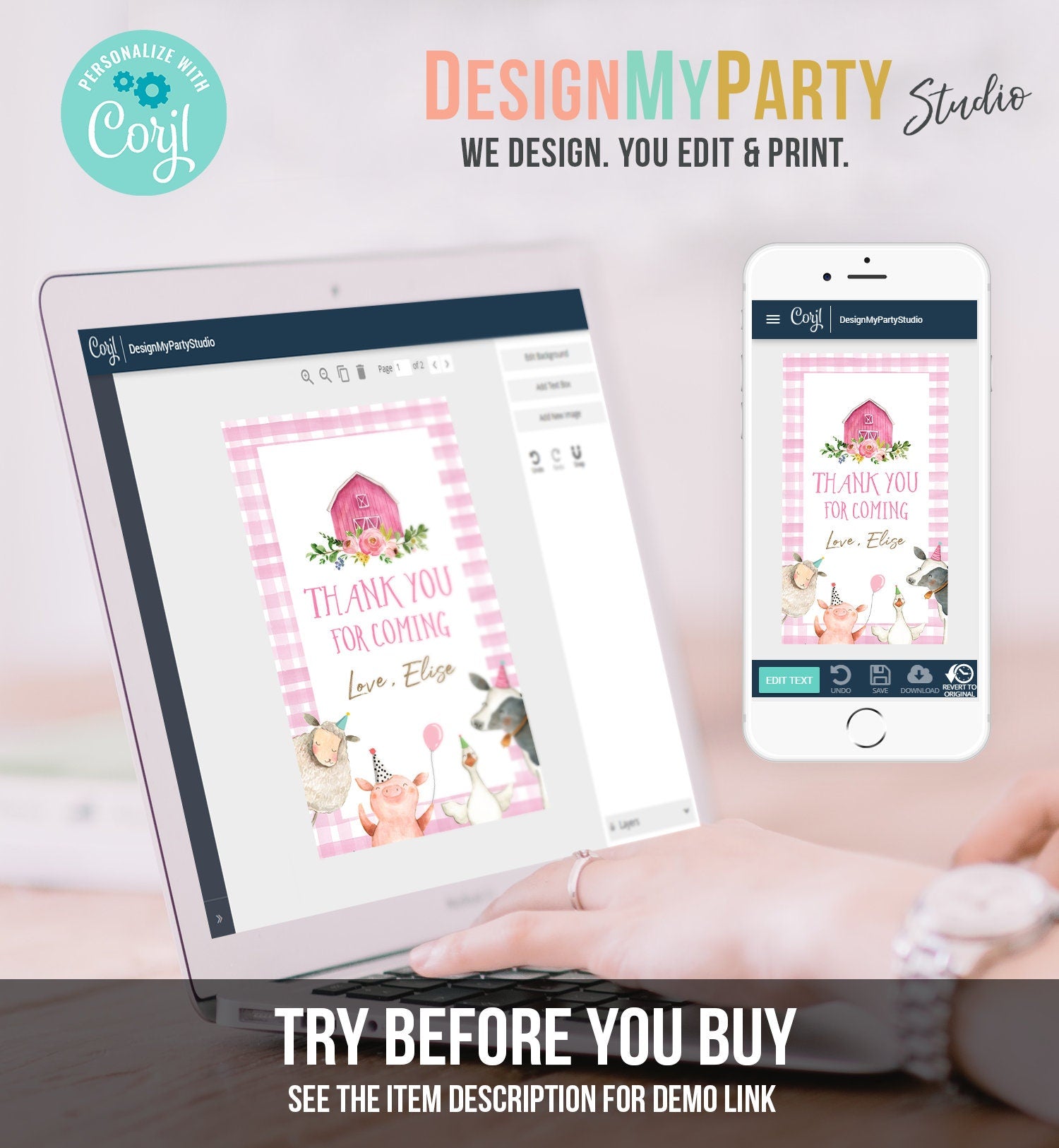 Editable Farm Favor Tags Tags Pink Farm Birthday Thank you tags Barnyard Gift Tag Girl Birthday Old McDonald Digital Template Printable 0155