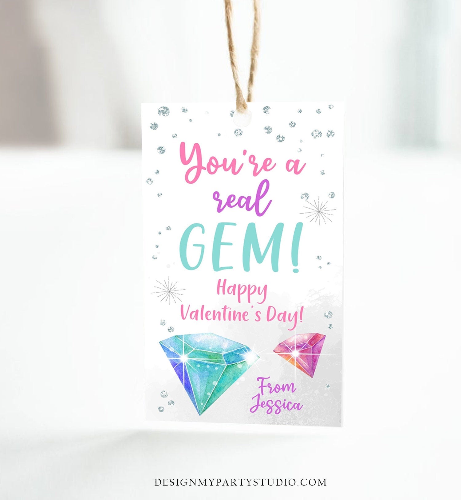 Editable Valentine Tags You're a Gem Valentine's Tag School Kid's Valentine Day Cards Class Printable Personalized Digital PRINTABLE 0370