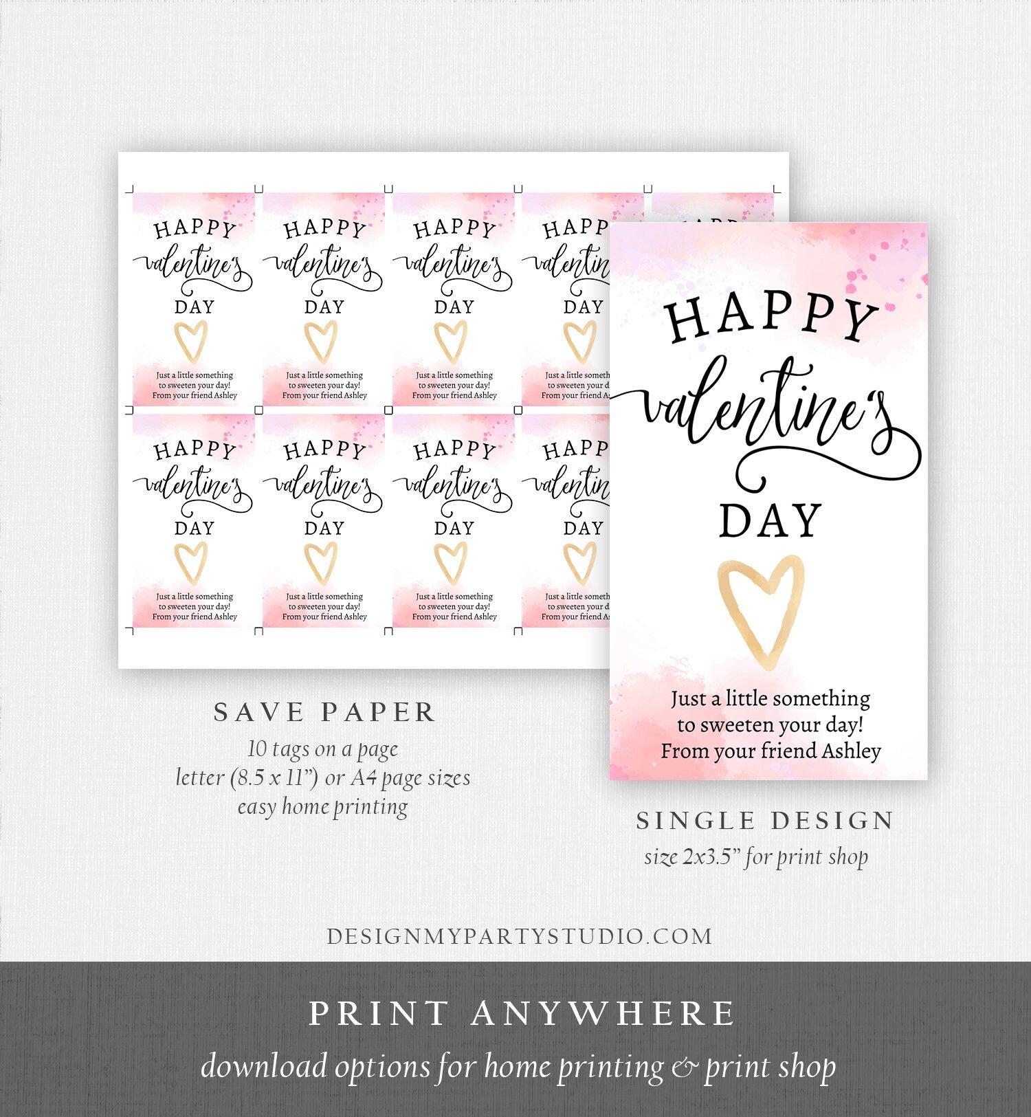 Editable Valentine's Tags Valentines Day Gift Tags Favor Tags Pink Valentine Cards for Kids Printable Personalized Digital PRINTABLE 0370