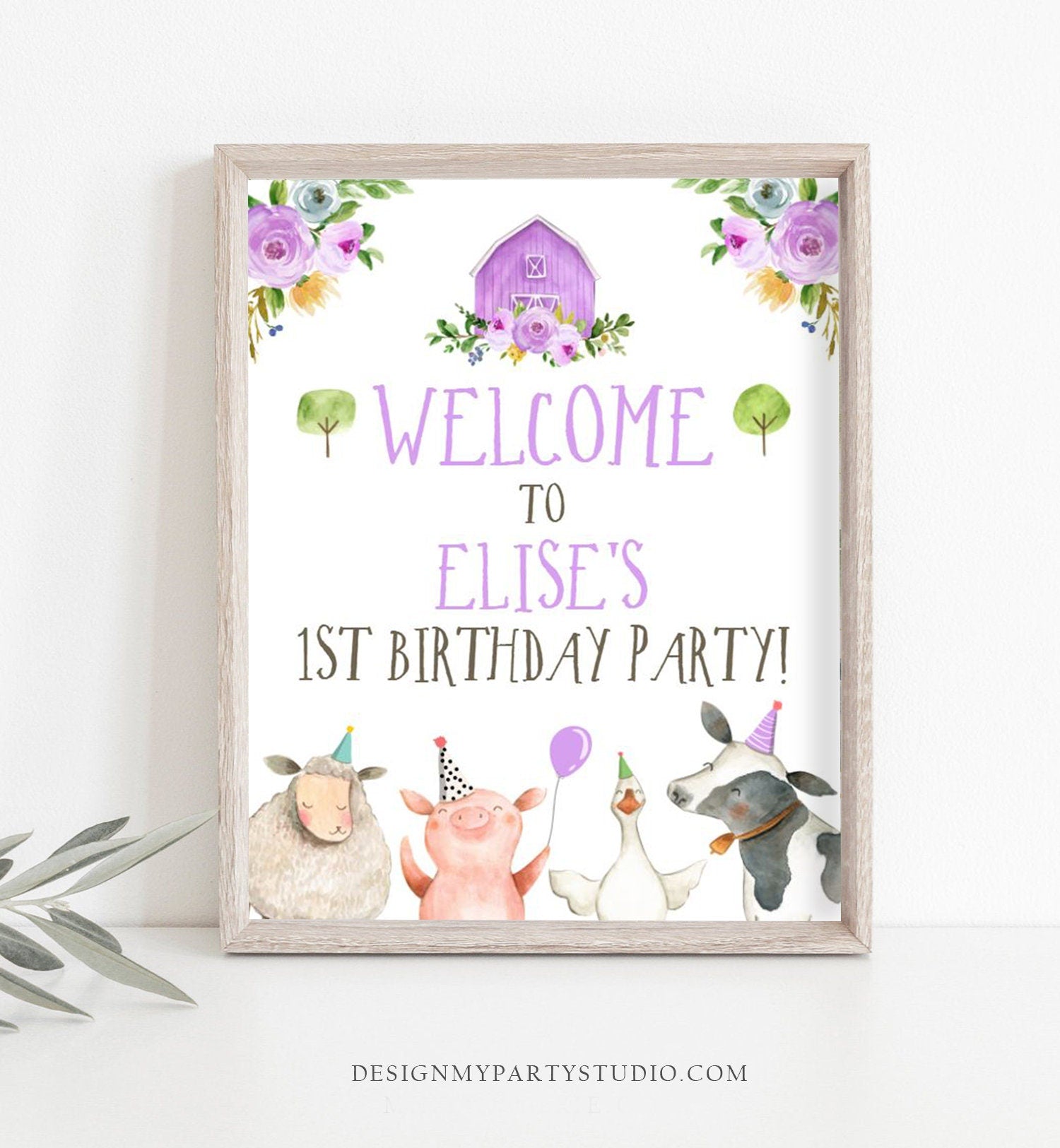 Editable Purple Farm Birthday Welcome Sign Barnyard Birthday Welcome Sign Farm Animals Birthday Welcome Girl Template Corjl PRINTABLE 0155