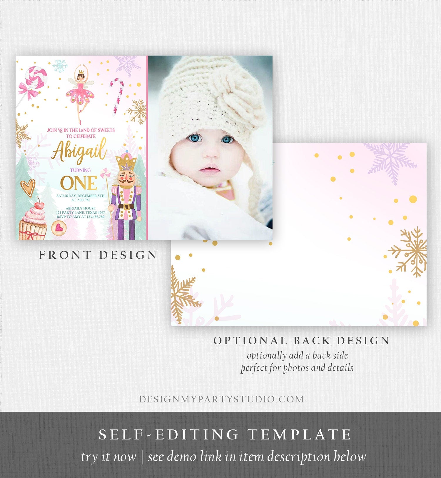 Editable Nutcracker Birthday Invitation Girl Land of Sweets Invite Winter Pink Girl Sugar Plum Fairy Digital Evite Template Printable 0352
