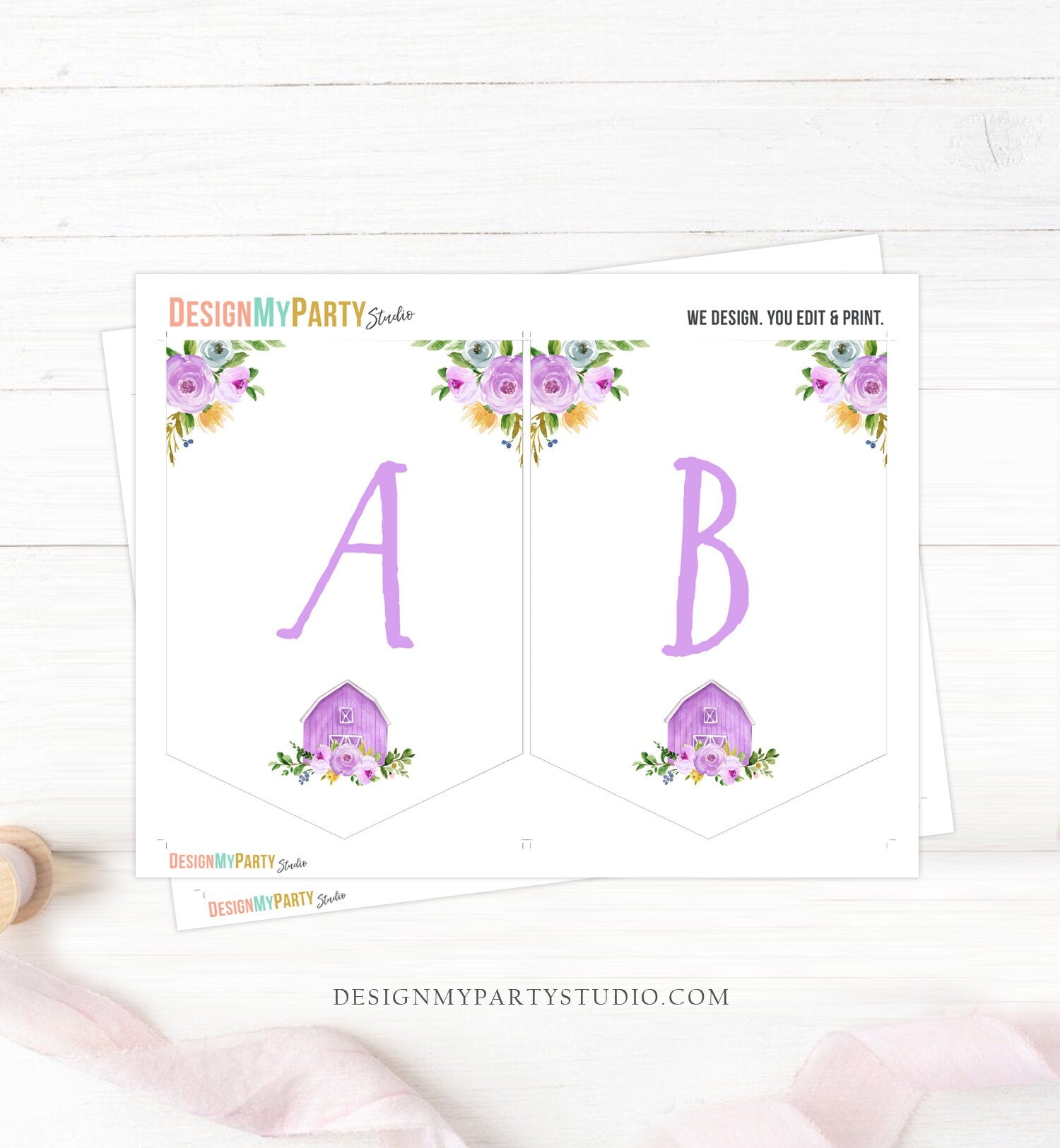 Farm Animals Birthday Banner A-Z Alphabet Numbers Banner Happy Birthday Girl Purple Lavender Barnyard Country Barn Download Printable 0155