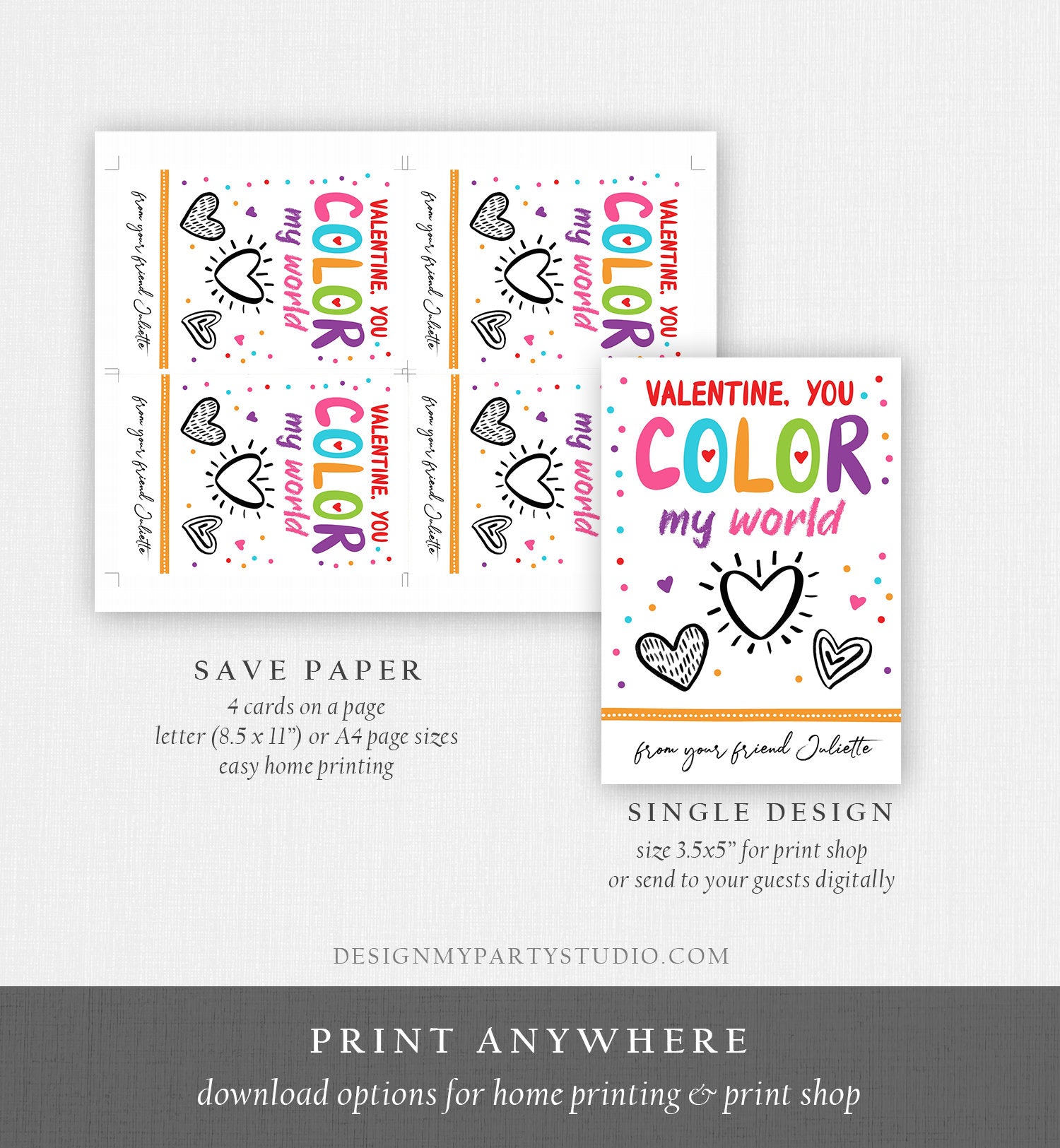 Editable Valentine's Day Crayon Card You Color My World Valentines Day Card for Kids Coloring Printable Personalized Digital PRINTABLE 0370