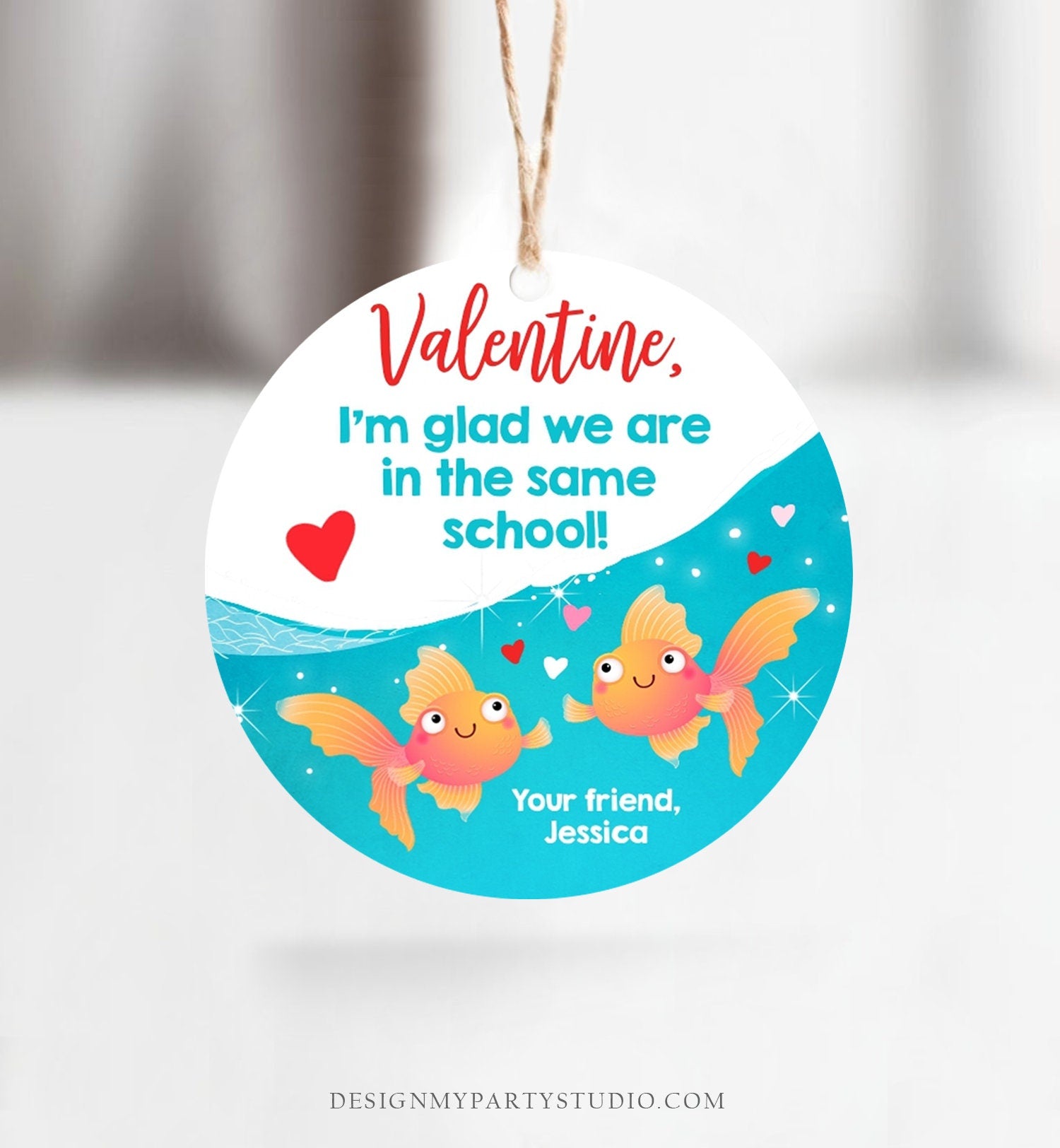 Editable Goldfish Valentine's Day Tag Glad We're in the Same School Sticker Preschool Kids Valentine Tag Digital Template Printable 0370