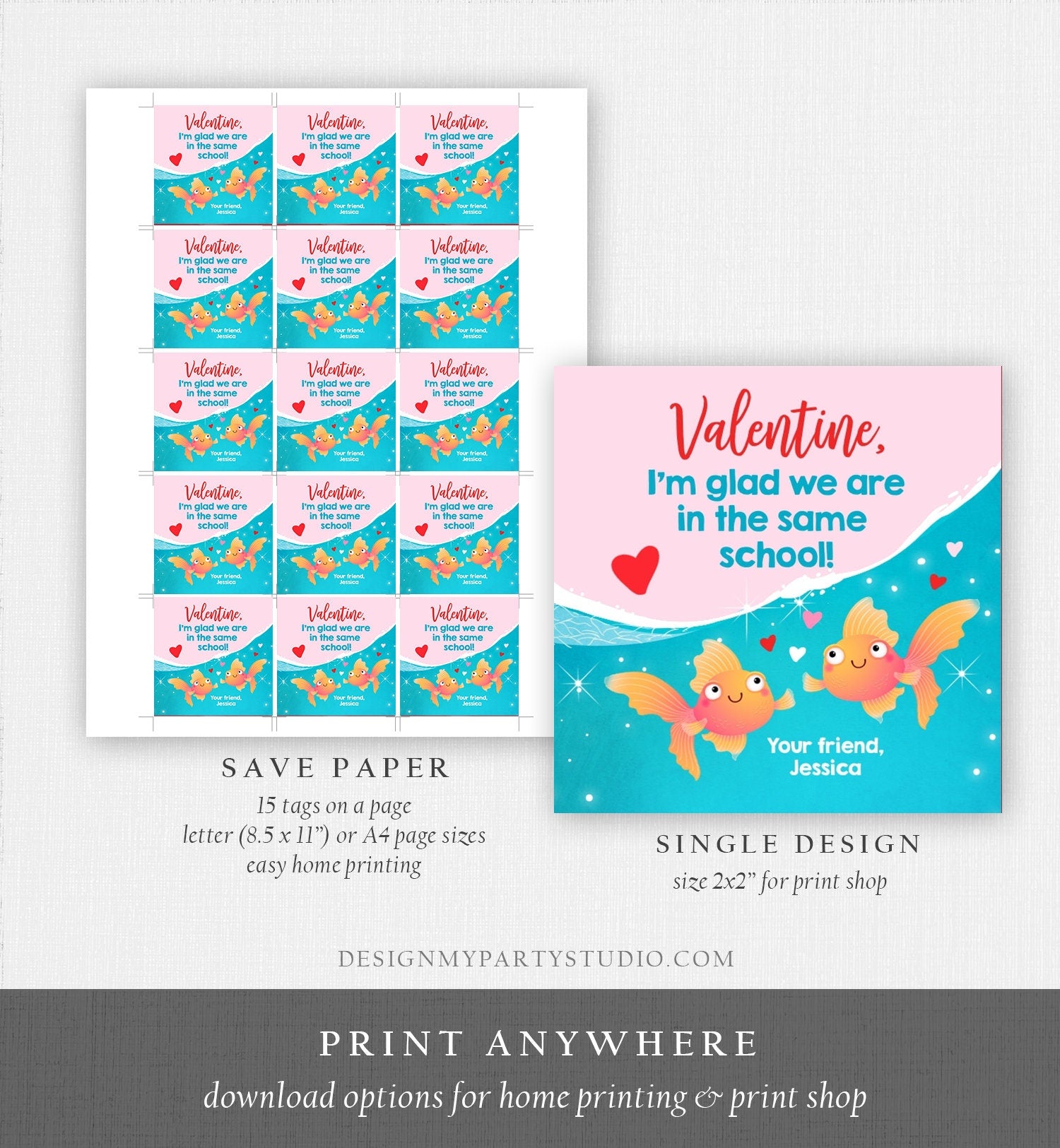 Editable Goldfish Valentine's Day Tag Glad we're in the same School Sticker Preschool Card Kids School Tag Digital Template Printable 0370