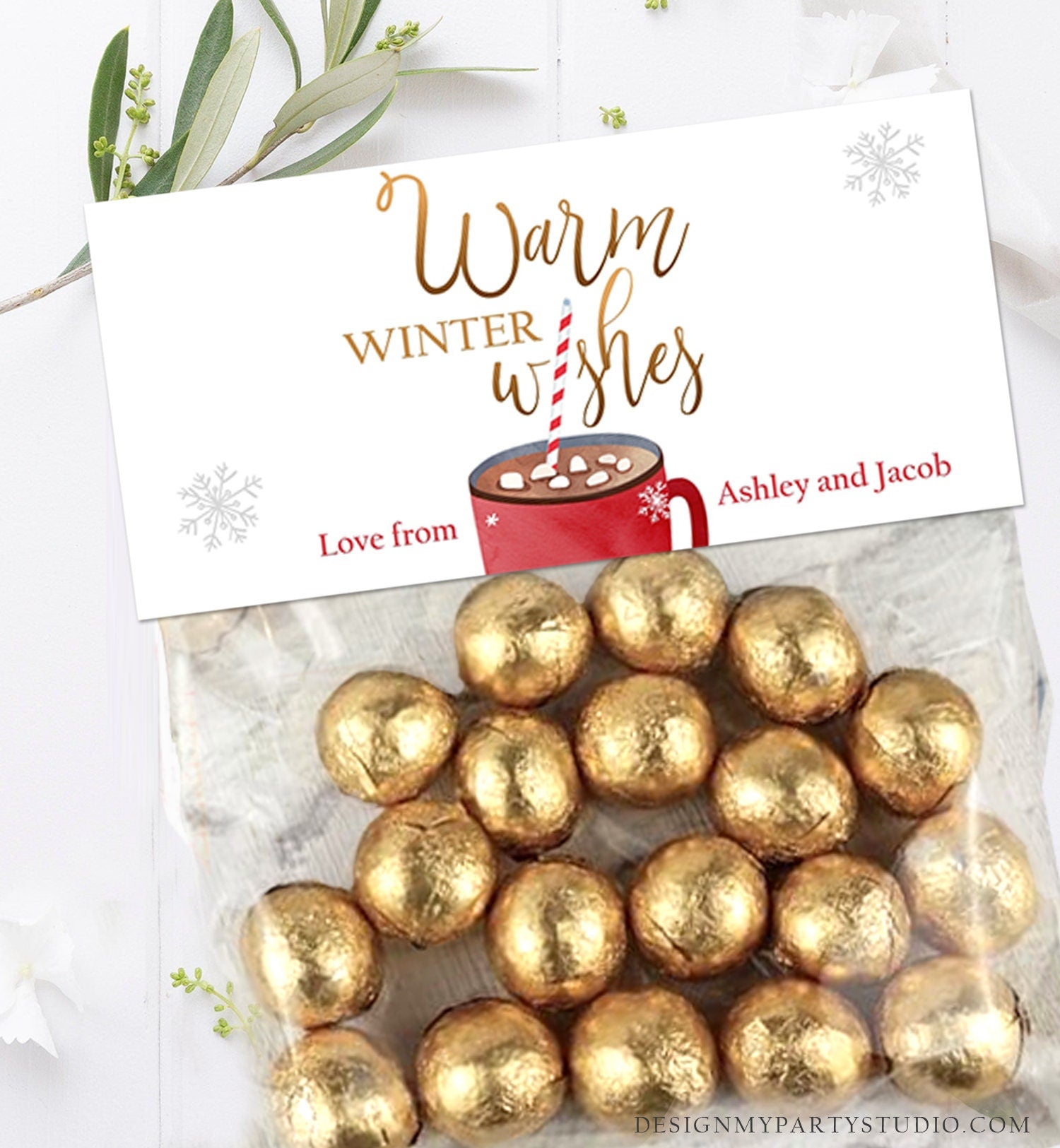 Editable Warm Wishes Treat Bag Topper Christmas Favors Hot Cocoa Holiday Gift Hot Chocolate Digital Download Template Printable 0353