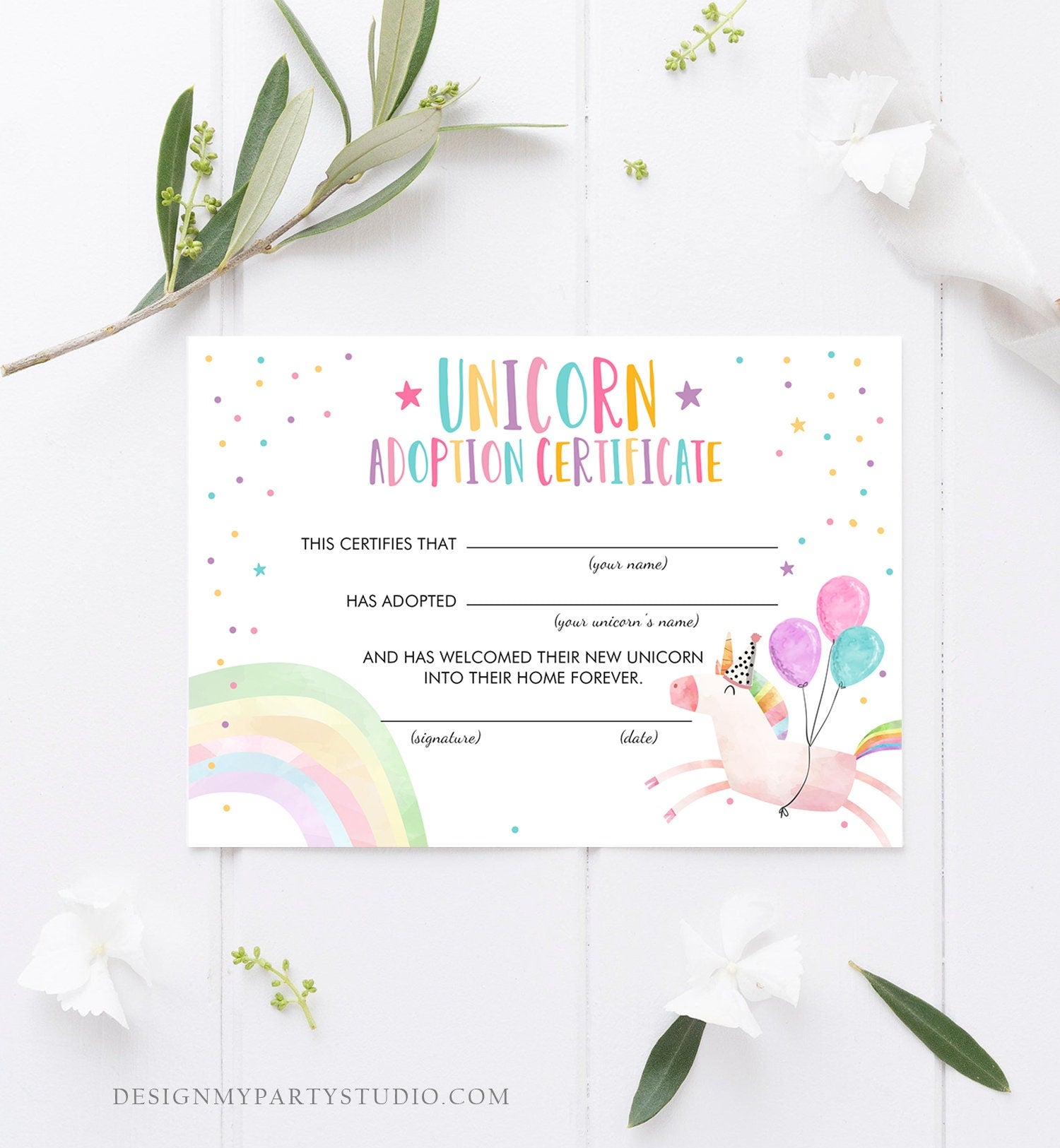 Adopt a Unicorn Certificate Unicorn Adoption Unicorn Birthday Party Magical Birthday Rainbow Girl Instant Download Digital PRINTABLE 0336