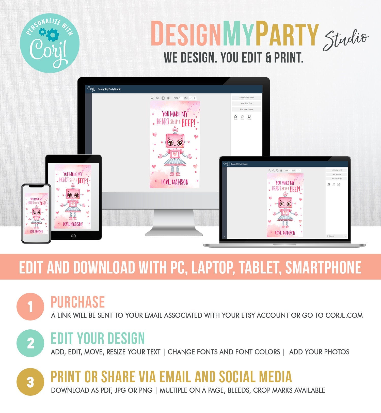 Editable Valentine's Day Favor Tag Thank You Robot Valentines Tag School You Make My Heart Skip a Beep Non-Candy Printable PRINTABLE 0370