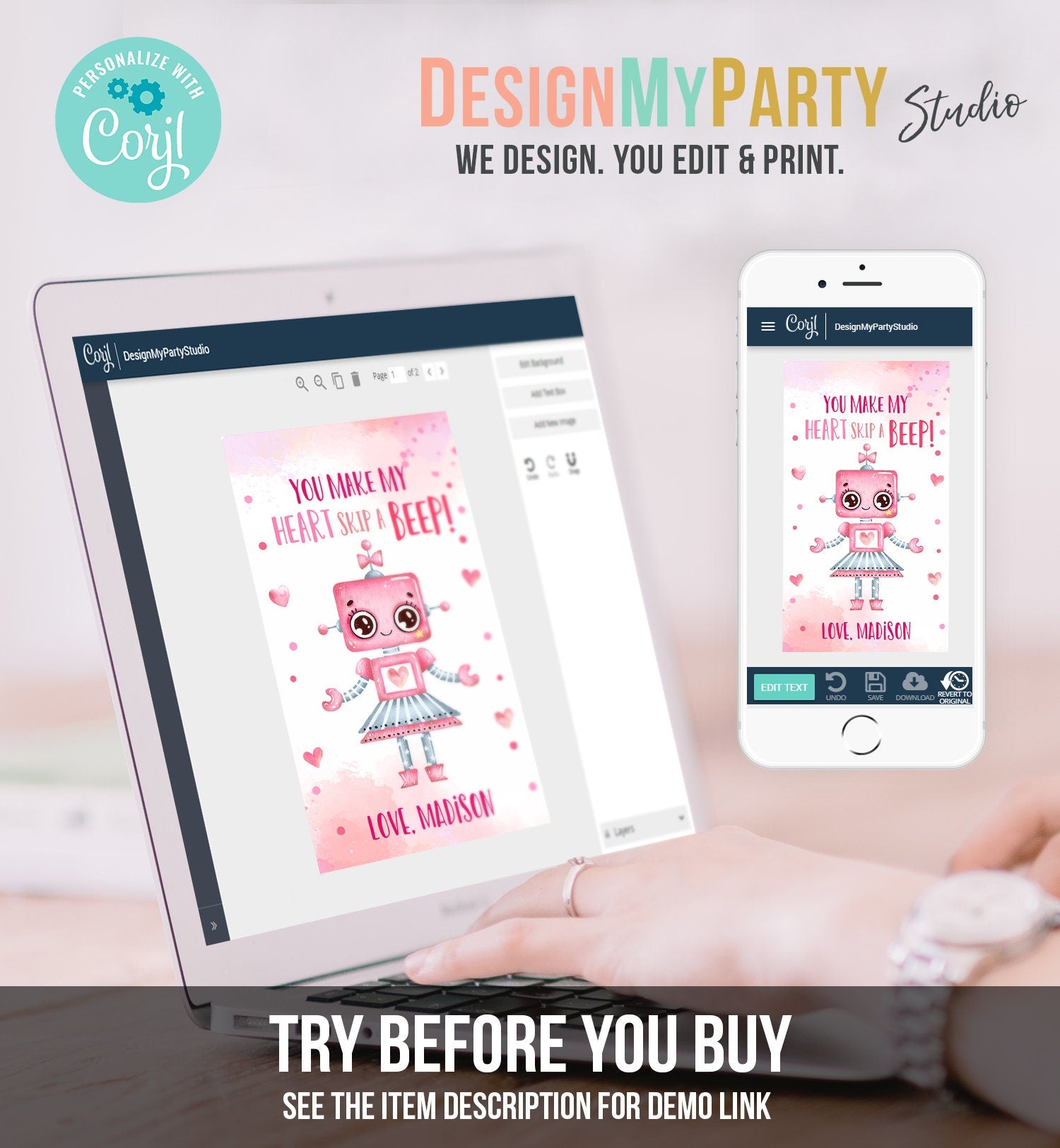 Editable Valentine's Day Favor Tag Thank You Robot Valentines Tag School You Make My Heart Skip a Beep Non-Candy Printable PRINTABLE 0370