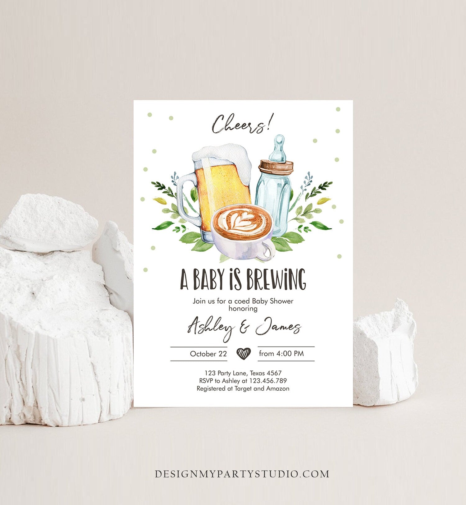 Editable A Baby is Brewing Invitation Bottle and Beers Baby Shower Cheers Coed Couples Coffee Tea Download Printable Template Corjl 0190