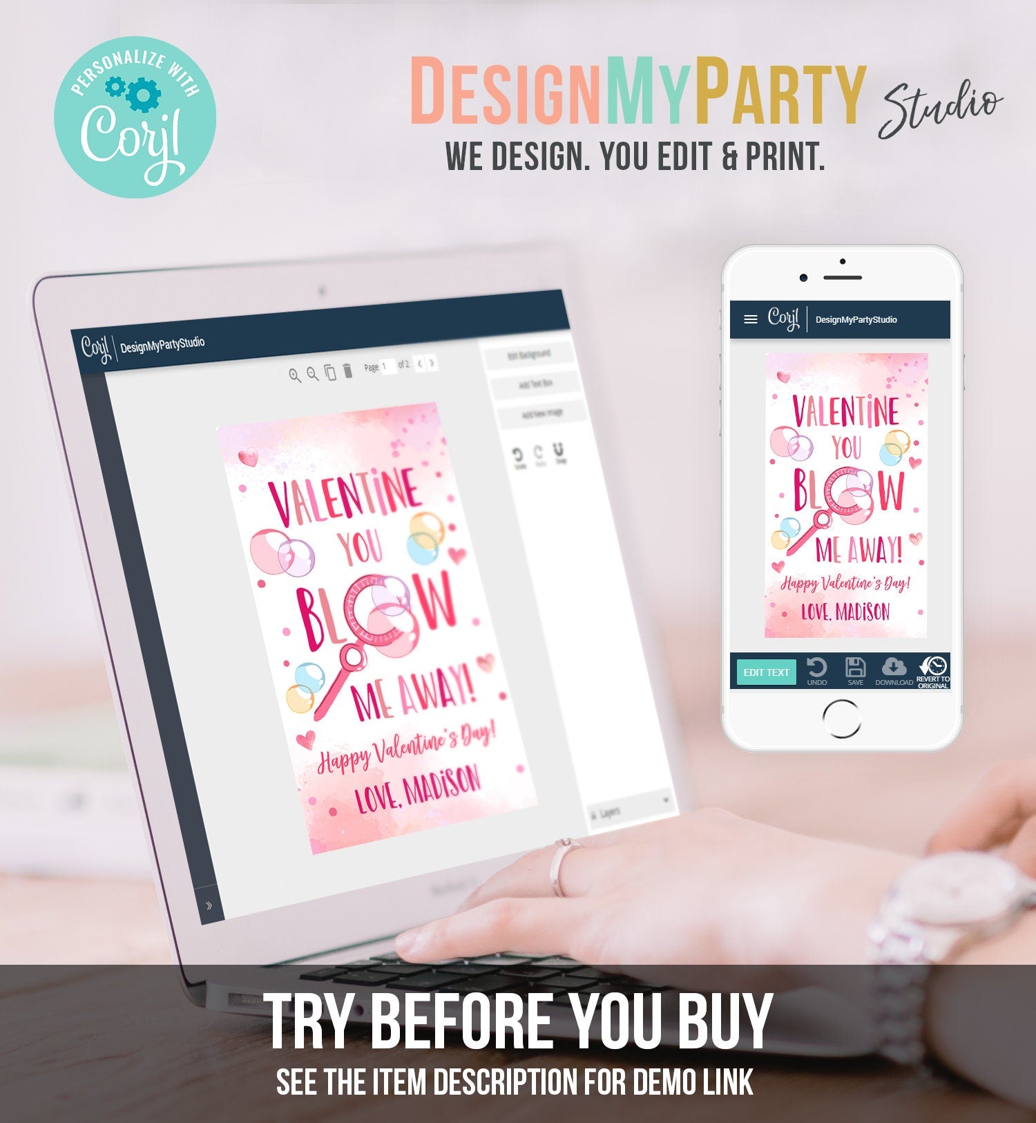 Editable Valentine You Blow Me Away Favor Tag Thank You Blowing Bubbles Soap Valentine's Day Tag School Non-Candy Printable PRINTABLE 0370