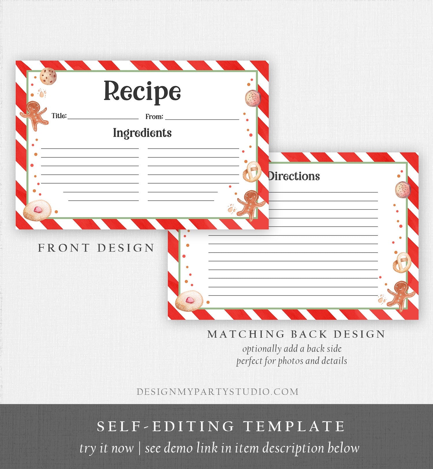 Editable Cookie Recipe Cards Cookie Exchange Christmas Holiday Party Cookies Swap Gingerbread 4x6 5x7 Download Corjl Template Printable 0358