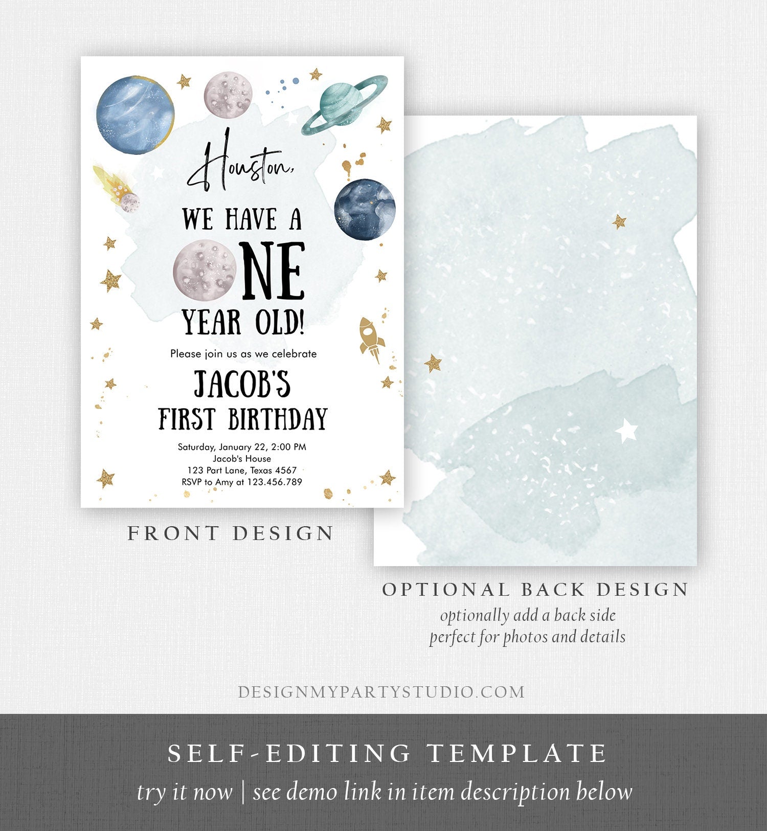 Editable Outer Space First Birthday Invitation Galaxy Houston First Trip Around the Sun One Digital Download Evite Template Printable 0357