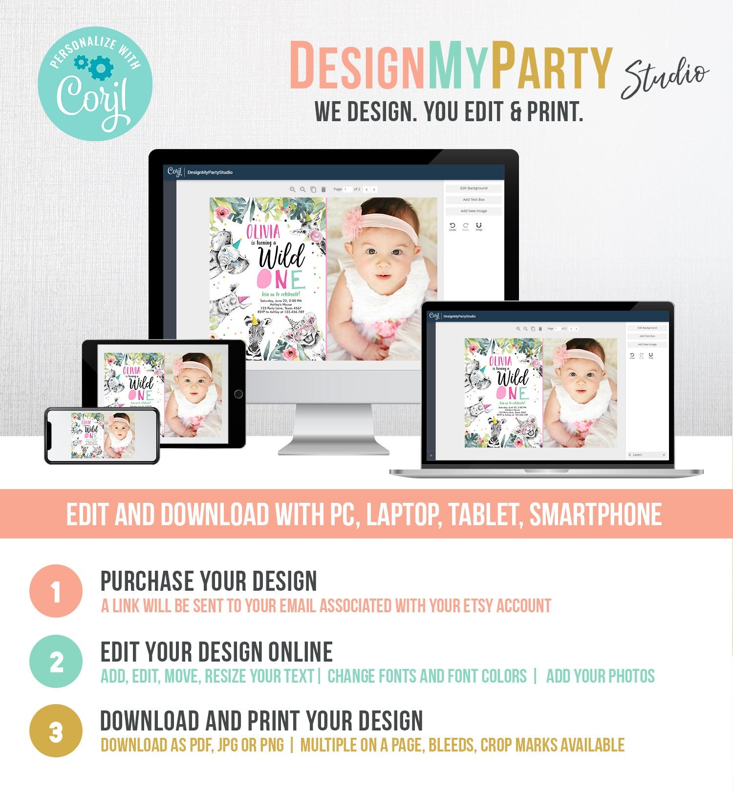 Editable Wild One Birthday Invitation Girl Safari Animals Invite Pink and Gold Party Animals First Birthday Corjl Template Printable 0322