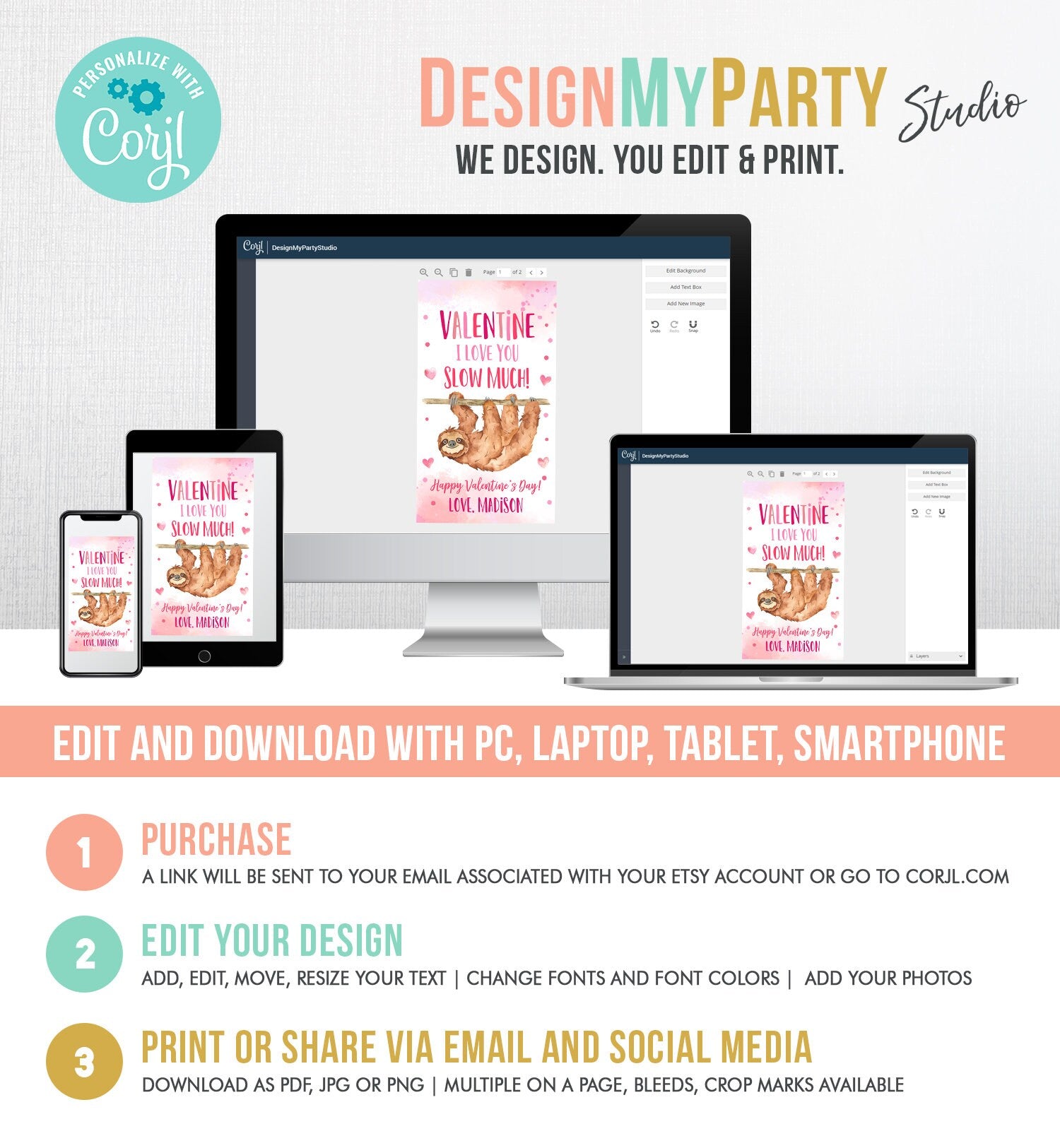 Editable Valentine Sloth Favor Tag Thank You I Love You Slow Much Hanging Out Valentine's Day School Digital Corjl Template Printable 0370