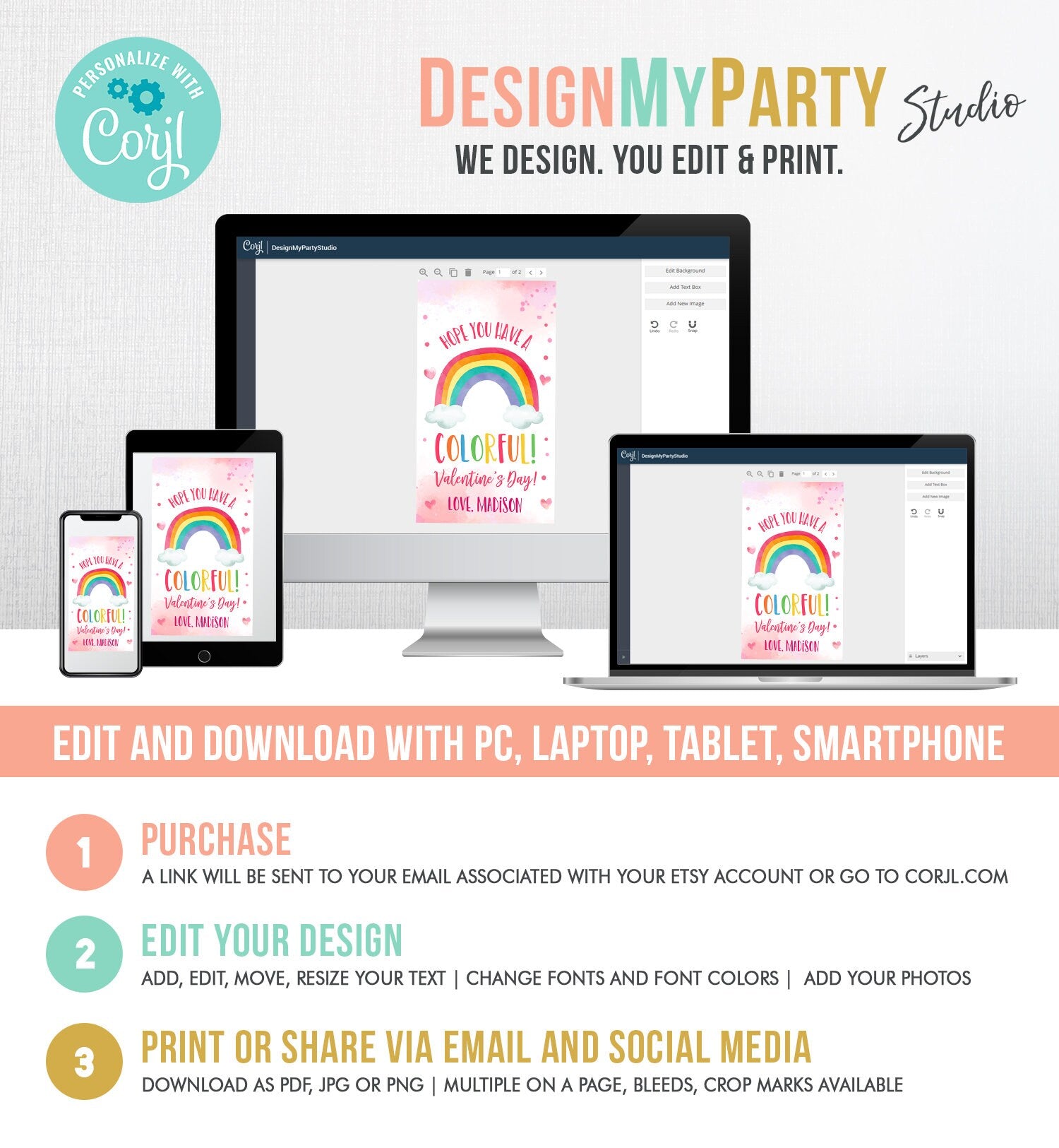 Editable Valentine Rainbow Favor Tag Thank You Over The Rainbow Colorful Valentine's Day School Digital Download Template Printable 0370