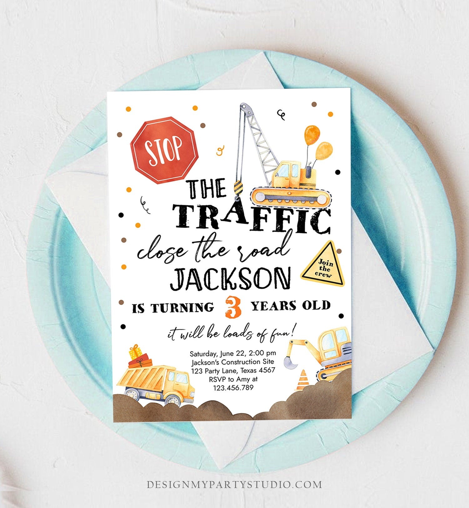 Editable Construction Birthday Invitation Yellow Dump Truck Excavator Caution Party Boy Digital Download Evite Template Printable 0374