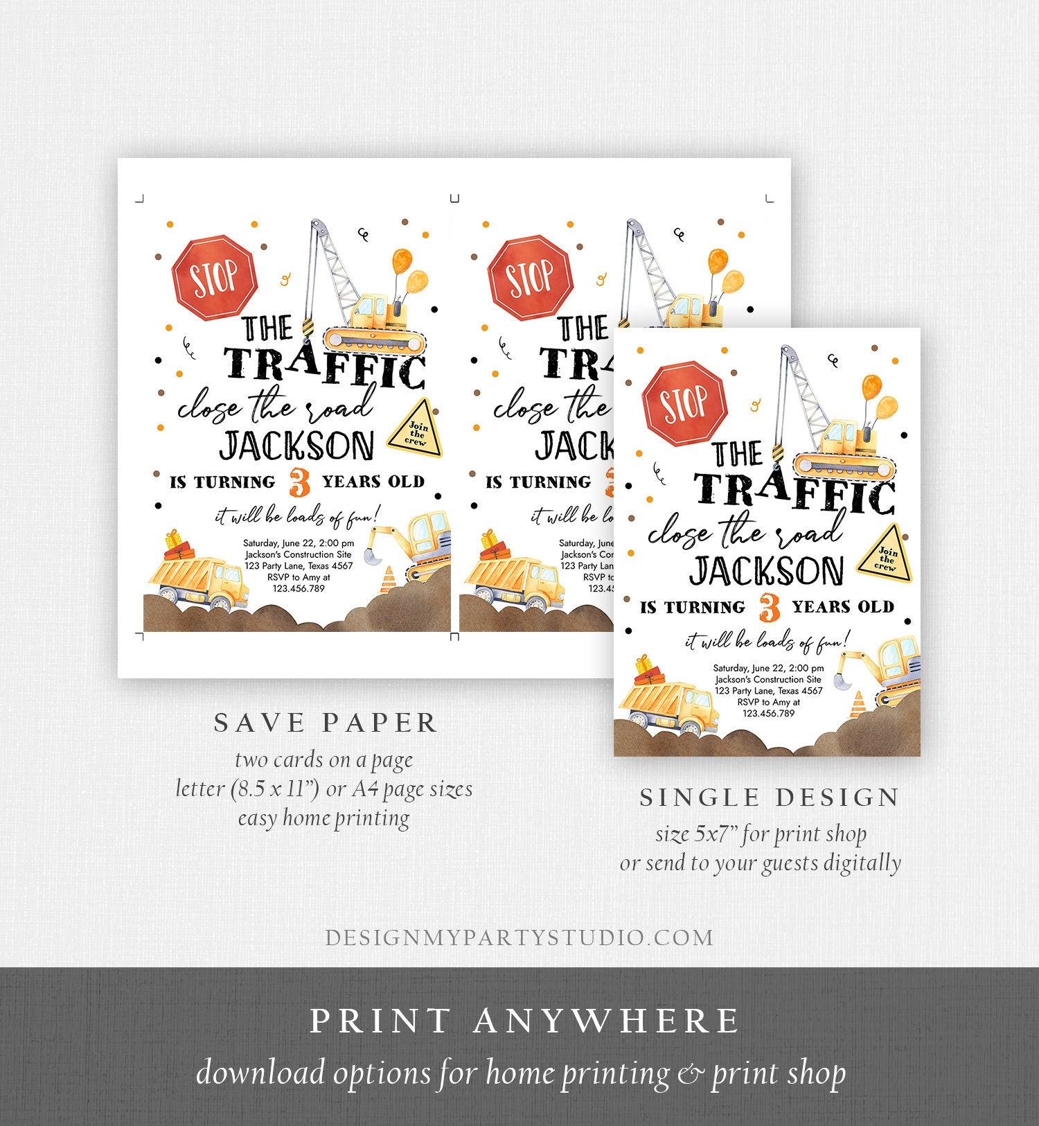 Editable Construction Birthday Invitation Yellow Dump Truck Excavator Caution Party Boy Digital Download Evite Template Printable 0374