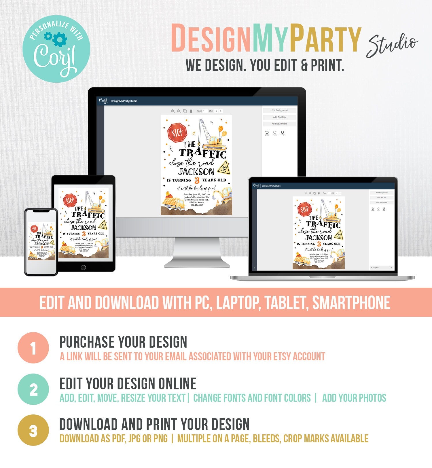 Editable Construction Birthday Invitation Yellow Dump Truck Excavator Caution Party Boy Digital Download Evite Template Printable 0374