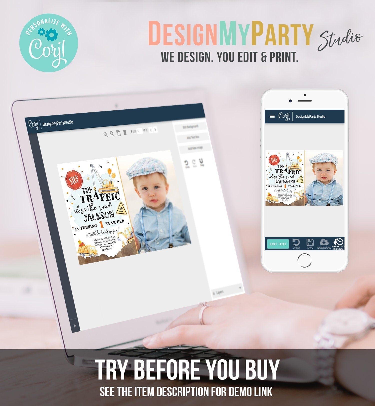 Editable Construction Birthday Invitation Yellow Dump Truck Excavator Caution Party Boy Digital Download Evite Template Printable 0374