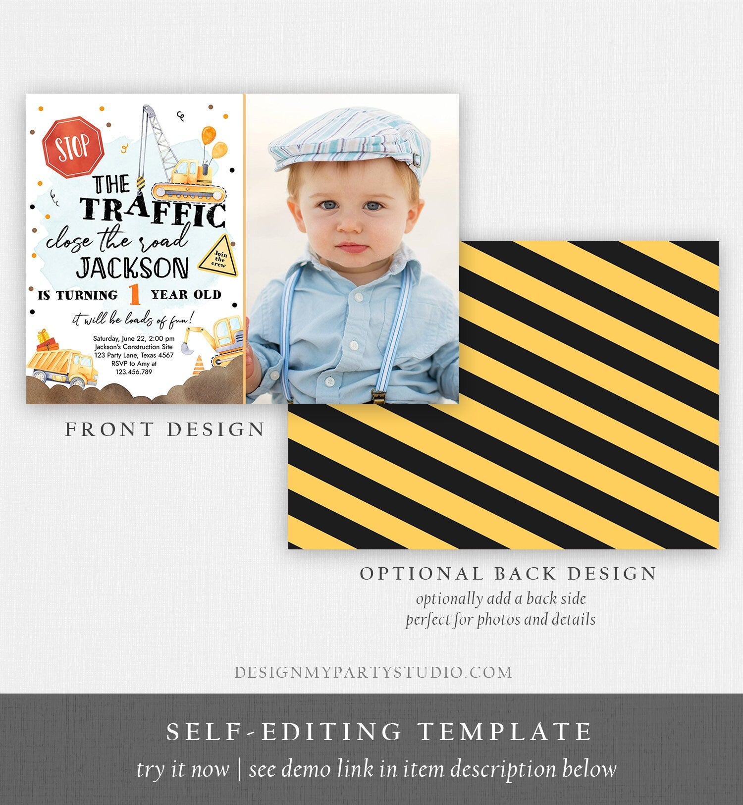 Editable Construction Birthday Invitation Yellow Dump Truck Excavator Caution Party Boy Digital Download Evite Template Printable 0374
