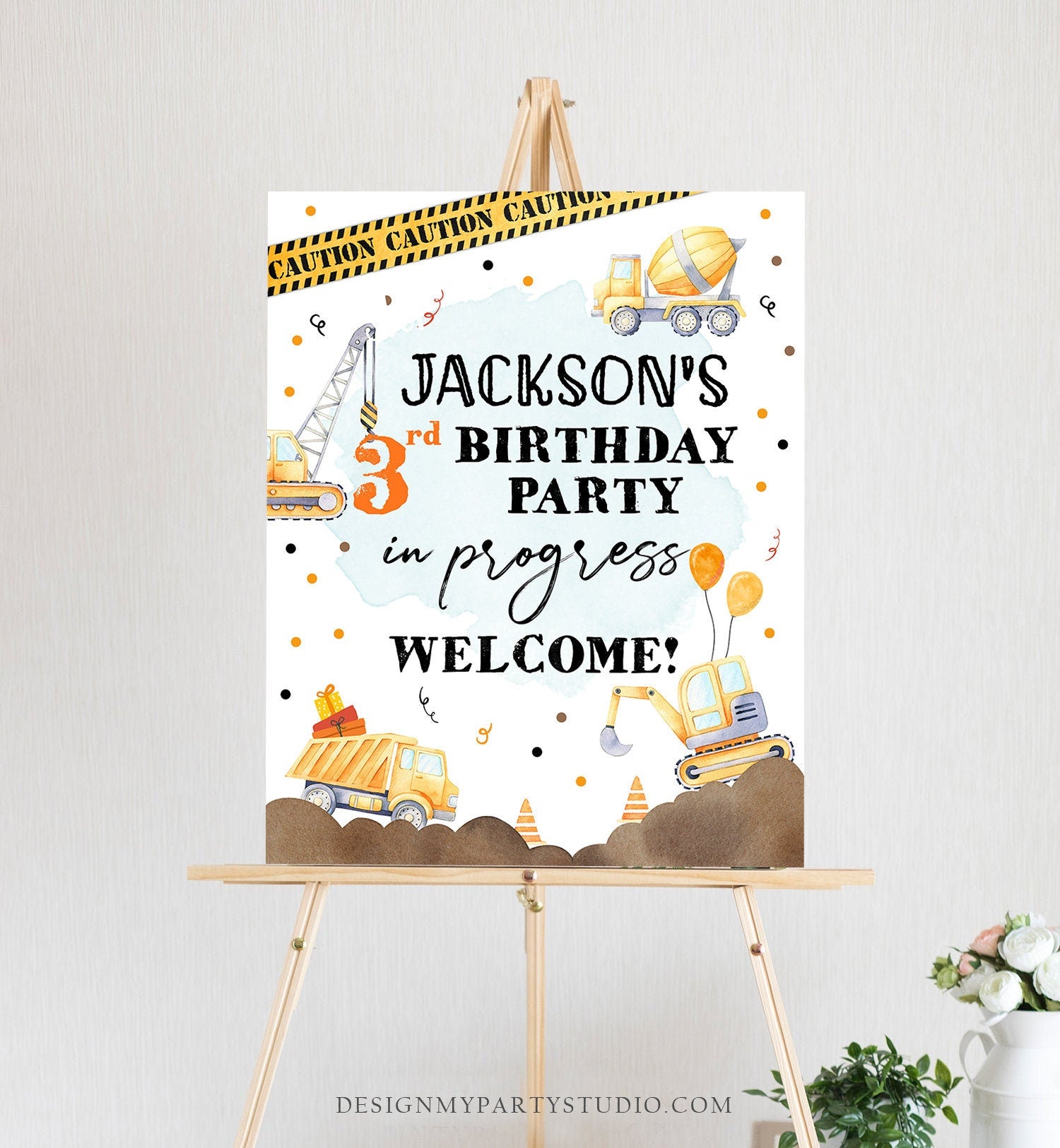 Editable Construction Birthday Welcome Sign Yellow Dump Truck Construction Sign Caution Construction Decor Digital Template Printable 0374