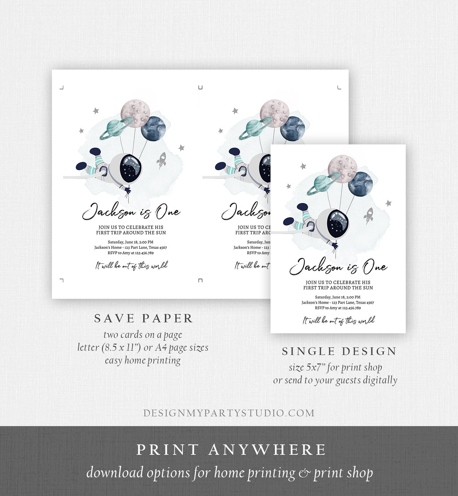 Editable Outer Space Birthday Invitation Out of this World Astronaut Trip Around the Sun Digital Download Evite Template Printable 0366