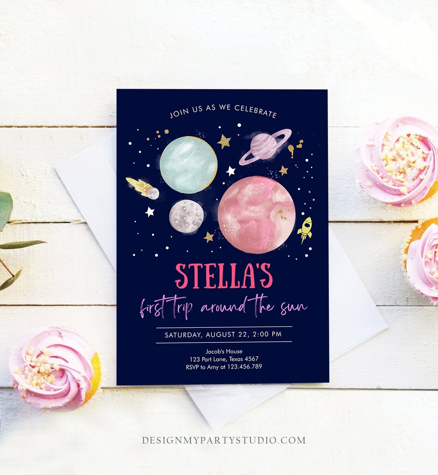 Editable Outer Space Girl First Birthday Invitation Galaxy Blast Off First Trip Around the Sun Pink Digital Evite Template Printable 0357