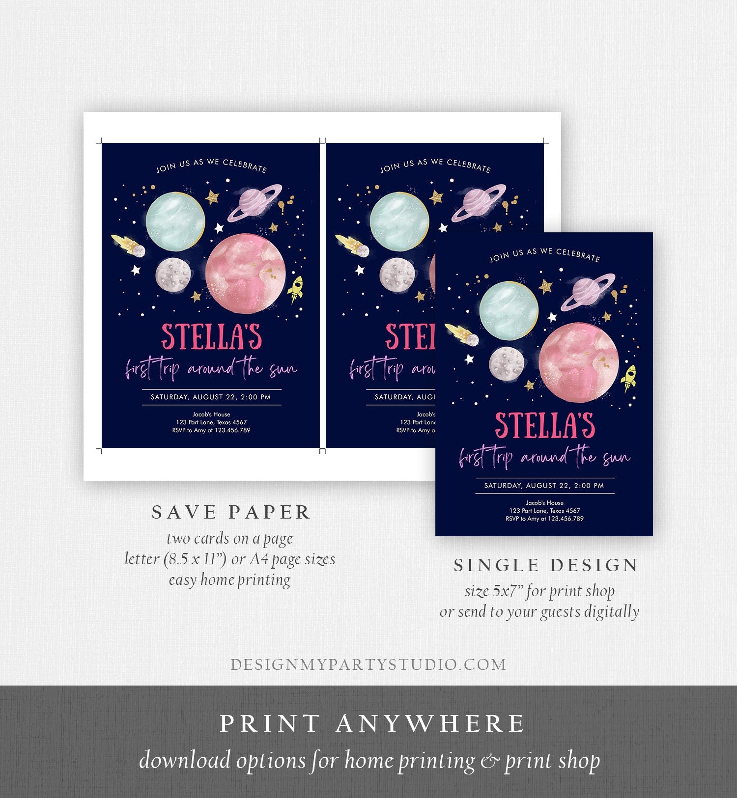 Editable Outer Space Girl First Birthday Invitation Galaxy Blast Off First Trip Around the Sun Pink Digital Evite Template Printable 0357