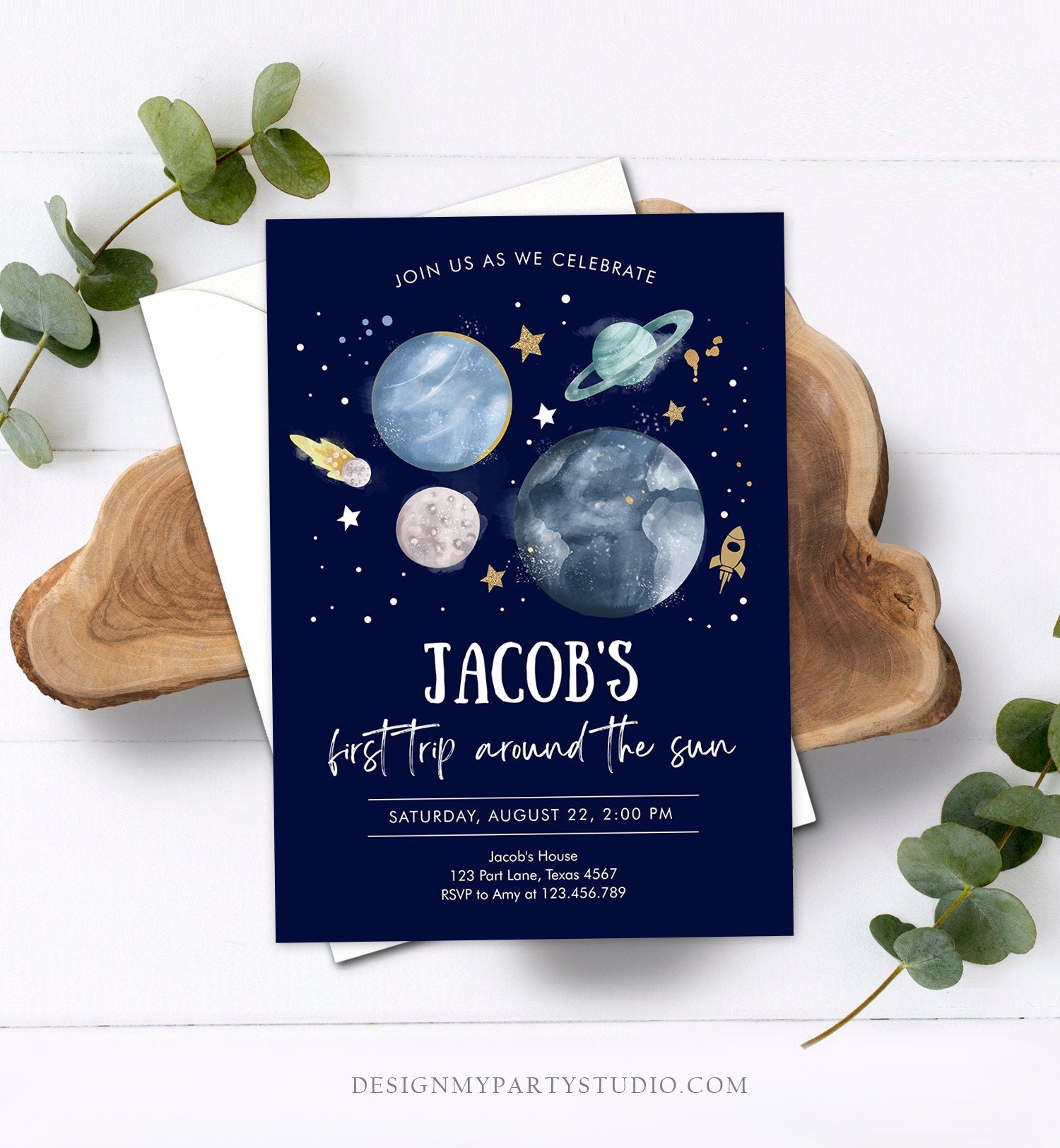 Editable Outer Space First Birthday Invitation Galaxy Blast Off First Trip Around the Sun Digital Download Evite Template Printable 0357