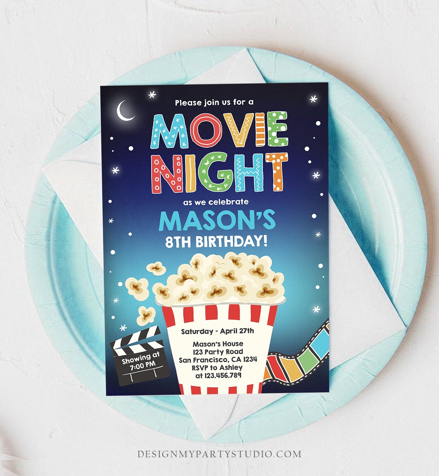 Editable Movie Night Birthday Invitation Boy Backyard Outdoor Movie Under The Stars Cinema Popcorn Sleepover Party Corjl Template 0367