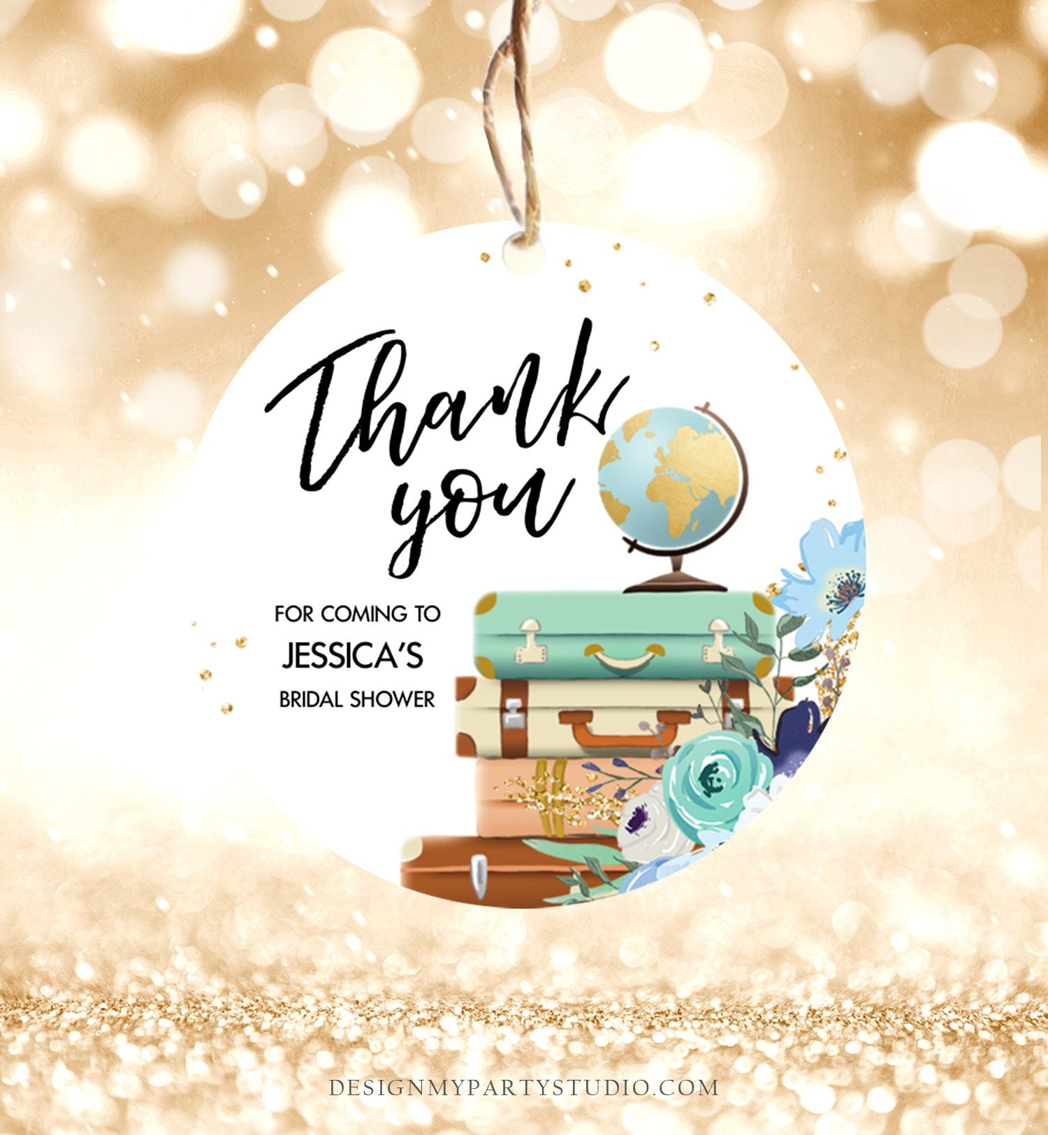 Editable Travel Favor Tag Thank You Gift Tag Adventure Bridal Shower Blue Floral Gold Round Square Stickers Digital Template Printable 0030