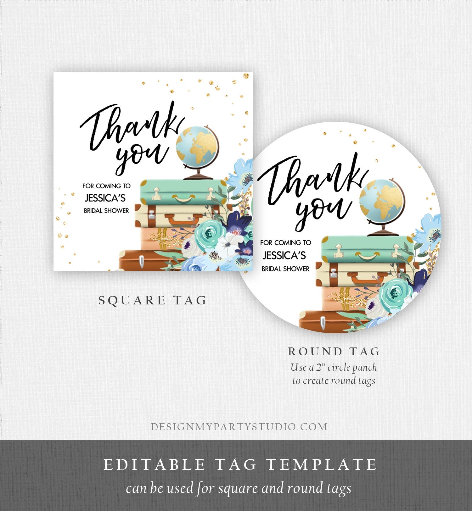 Editable Travel Favor Tag Thank You Gift Tag Adventure Bridal Shower Blue Floral Gold Round Square Stickers Digital Template Printable 0030