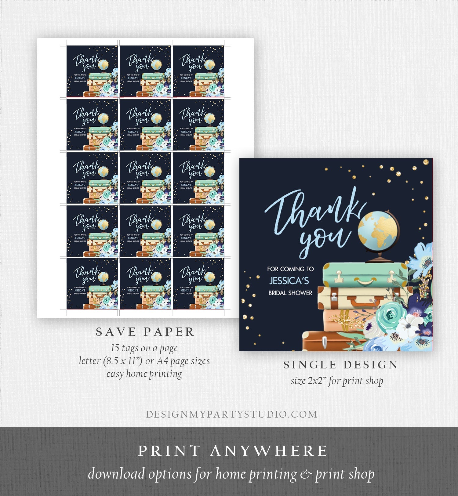 Editable Travel Adventure Favor Tag Thank You Gift Tag Bridal Shower Blue Floral Round Square Stickers Corjl Template Printable 0030