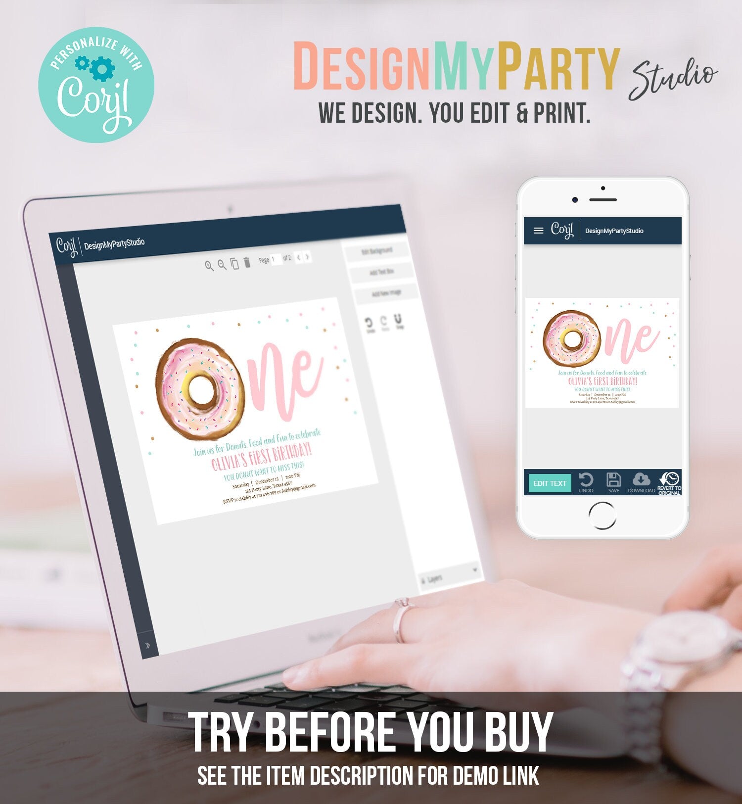 Editable Donut 1st Birthday Invitation First Birthday Invite Pink Donut Girl Doughnut Sweet Digital Download Evite Template Printable D0368