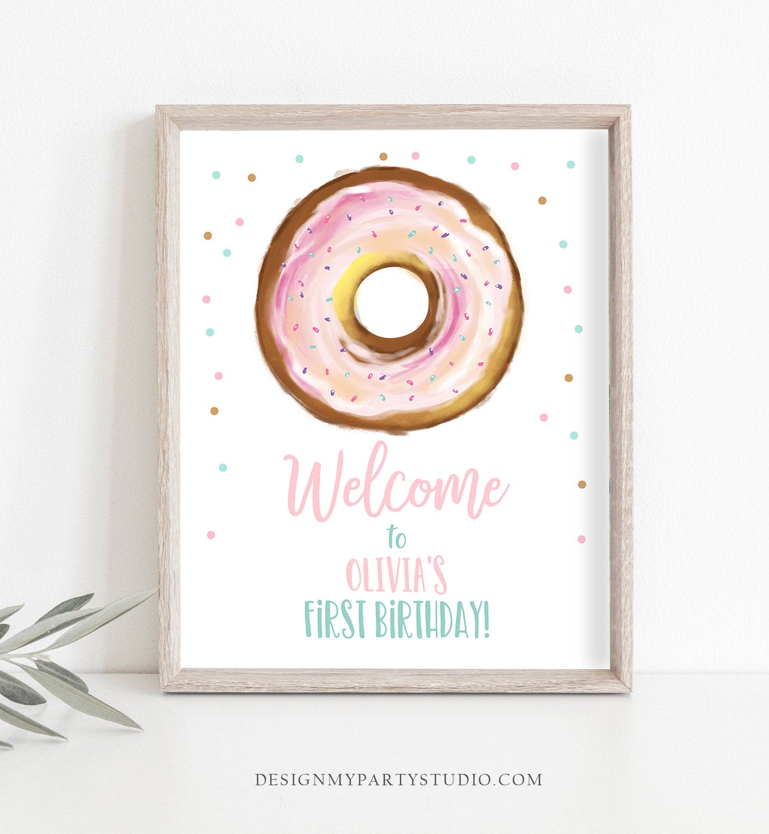 Editable Donut Welcome Sign Donut Birthday Party Pink Girl Doughnut Baby Shower Two Sweet Sprinkle Download Corjl Template Printable 0368