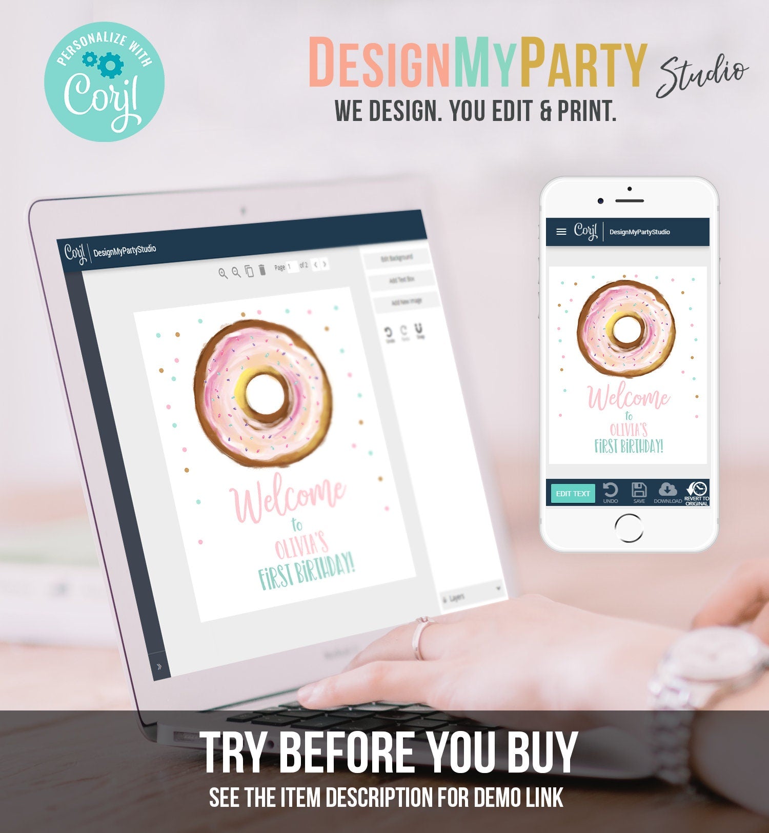 Editable Donut Welcome Sign Donut Birthday Party Pink Girl Doughnut Baby Shower Two Sweet Sprinkle Download Corjl Template Printable 0368