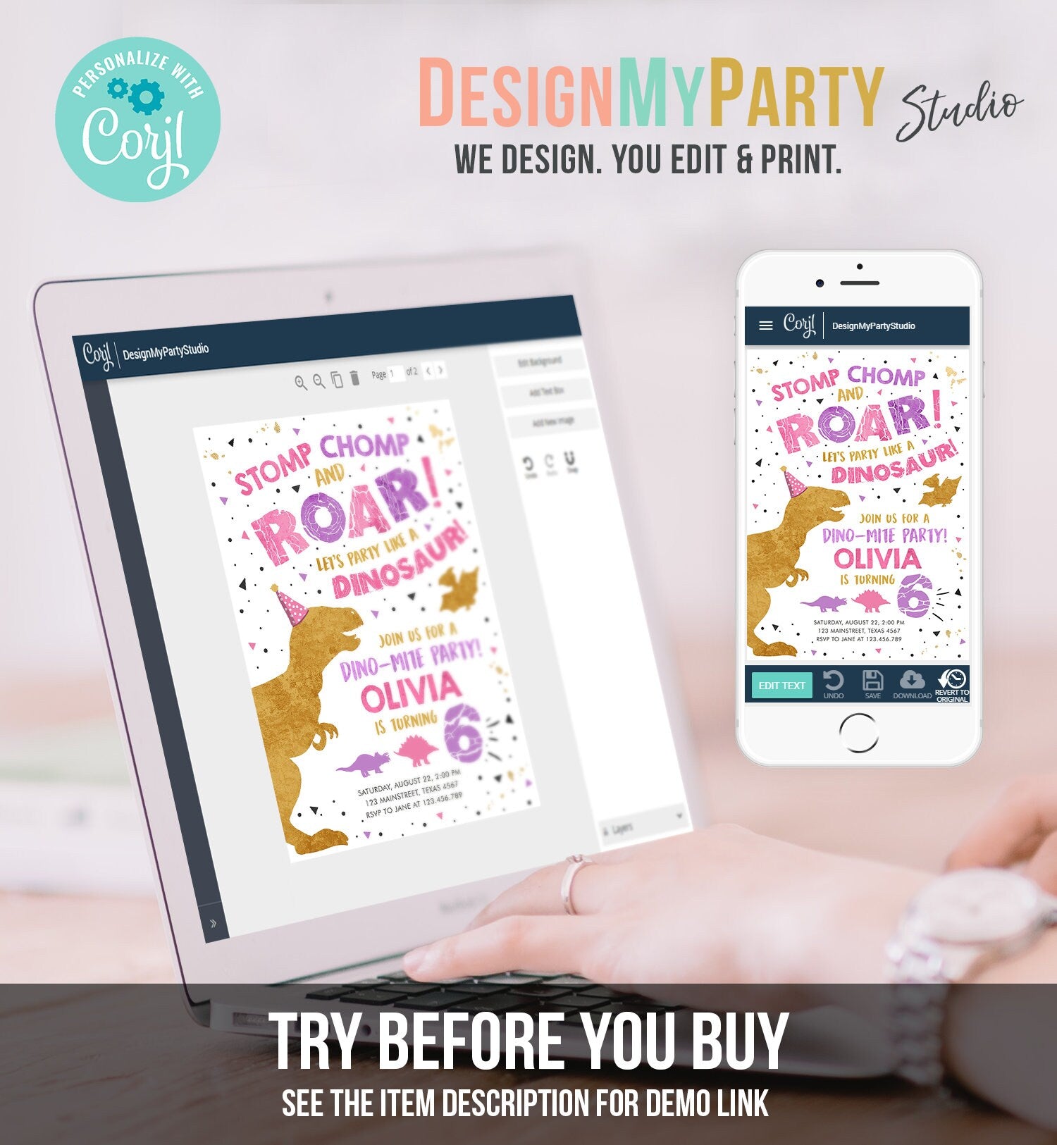 Editable Dinosaur Birthday Invitation Dino Dig Party Prehistoric Gold Pink Girl T-Rex Digital Download Evite Template Printable 0369