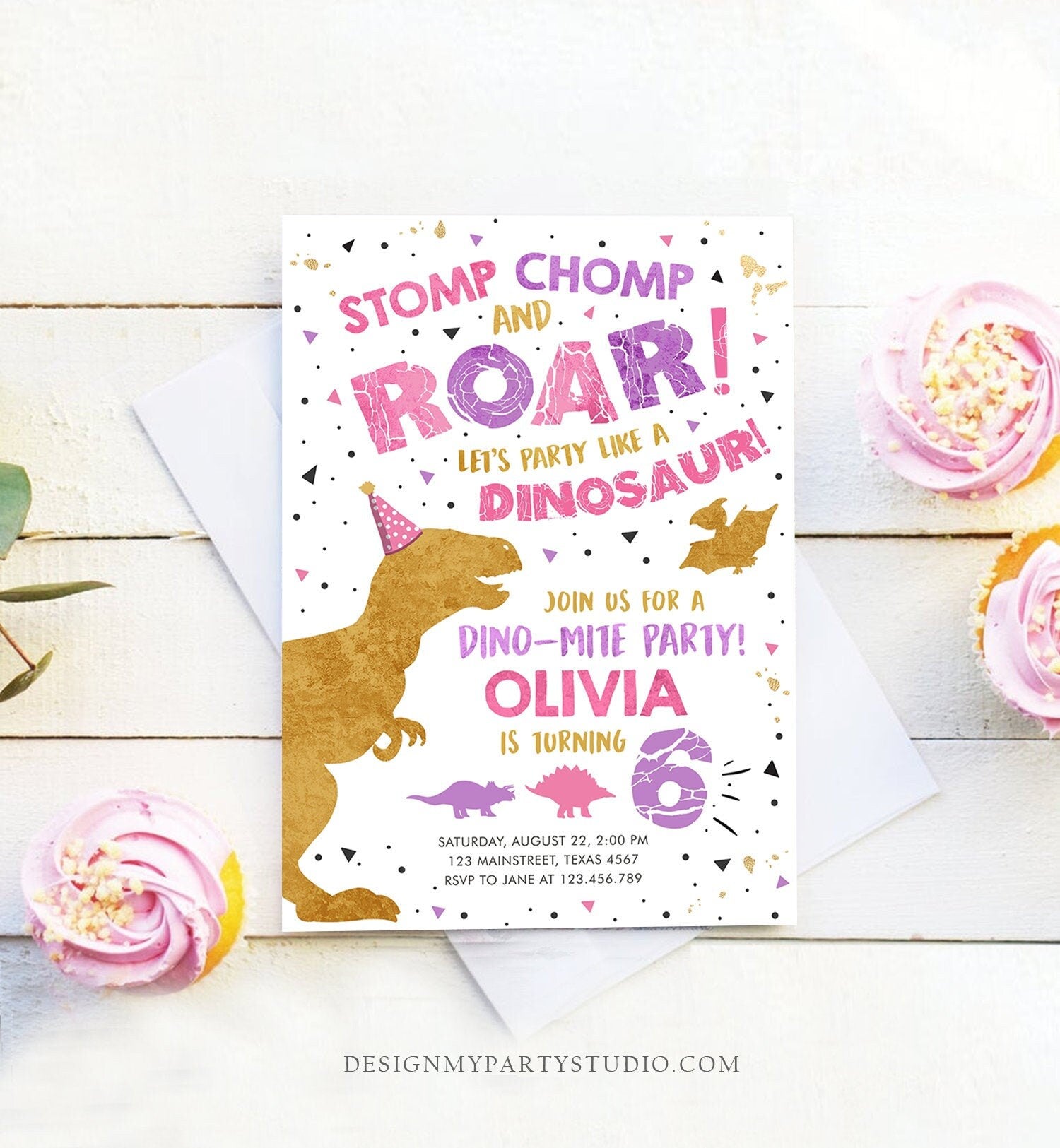 Editable Dinosaur Birthday Invitation Dino Dig Party Prehistoric Gold Pink Girl T-Rex Digital Download Evite Template Printable 0369